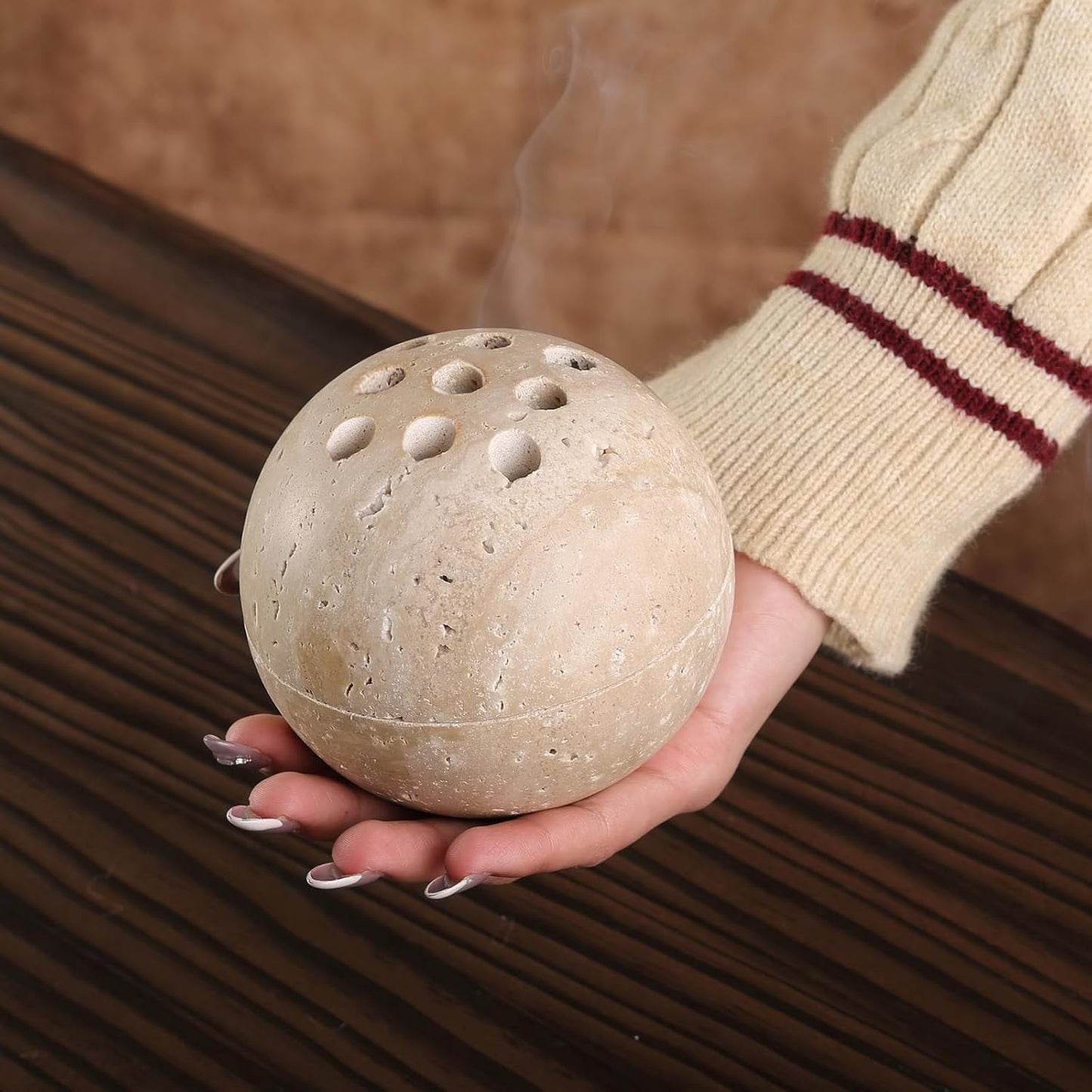 Koville Natural Marble Incense Holder, Incense Holder for Sticks with 9 Holes, Handmade Incense Burner Ash Catcher for Meditation Yoga SPA, Balsam Fir/Palo Santo/Sage/Cone (Green)