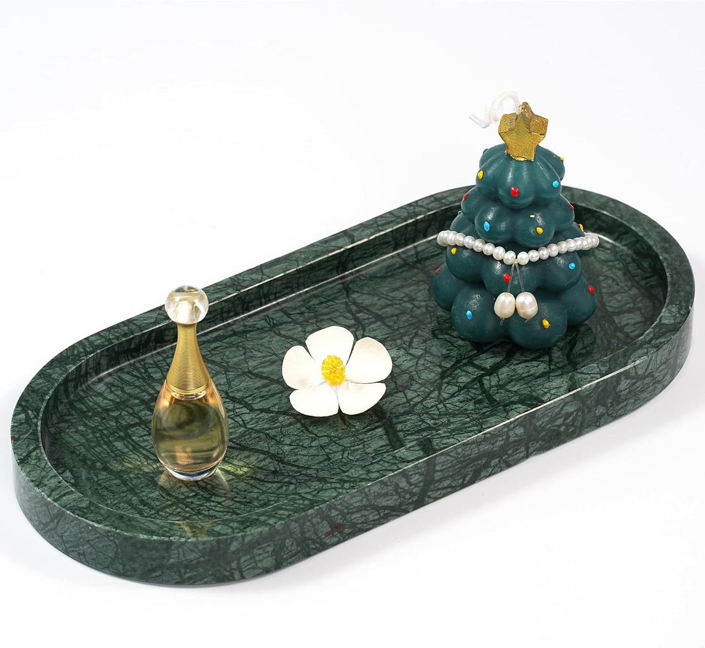 Marble Perfume Tray with Legs - Oval Decorative Stone Pedestal for Bathroom Vanity Coffee Table Kitchen Countertop, Footed Jewelry Candle Organizers Catchall Plate Riser with Scalloped Feet