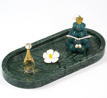 Marble Perfume Tray with Legs - Oval Decorative Stone Pedestal for Bathroom Vanity Coffee Table Kitchen Countertop, Footed Jewelry Candle Organizers Catchall Plate Riser with Scalloped Feet