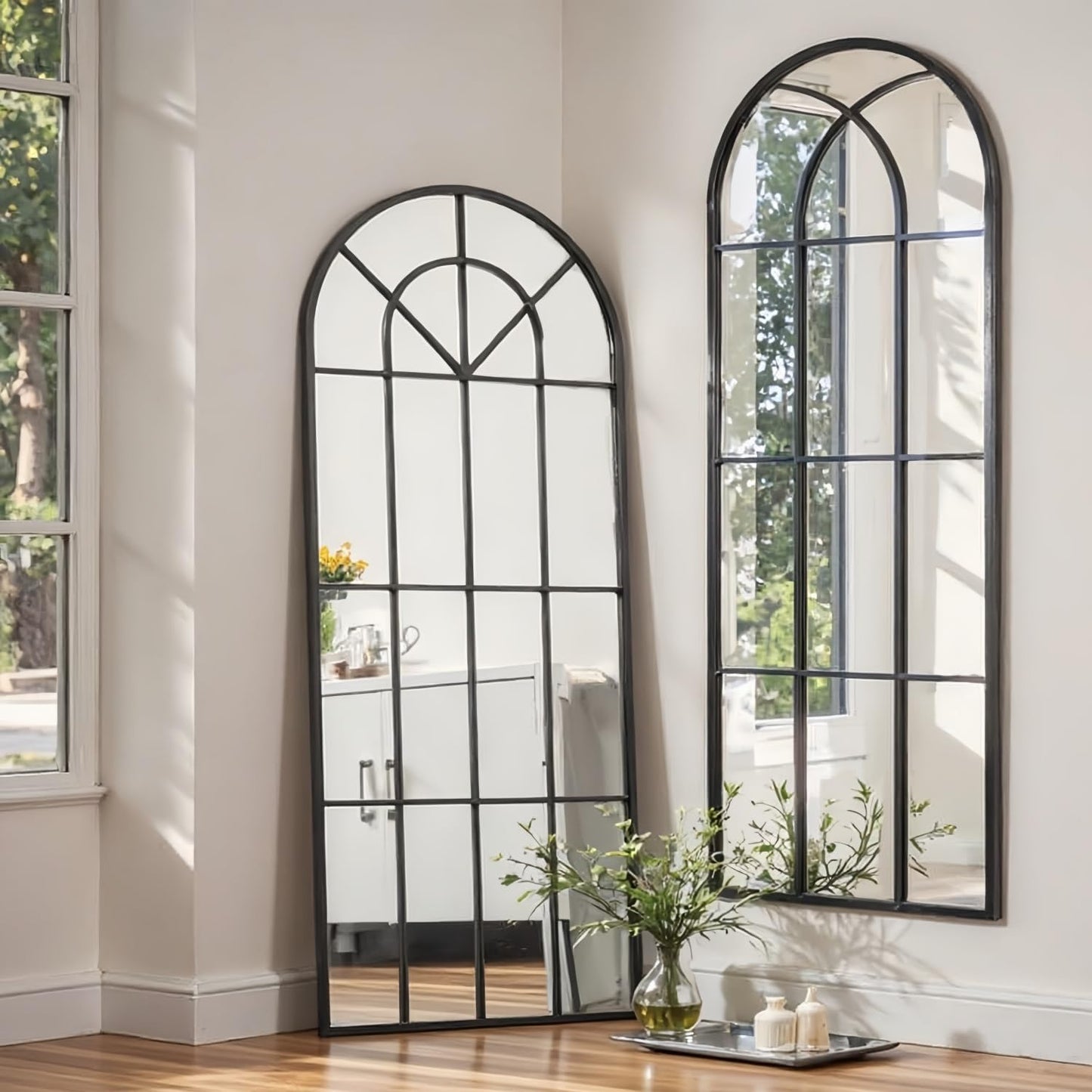 Dewfig 65"x 22" Arched Window pane Full Length Mirror, Wall Mirror, Floor Standing Mirrors, Farmhouse Long Full Body Mirrors Wall Mounted for Living Room, Bedroom, Entryway, Fireplace, Black