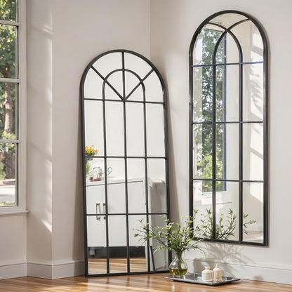 Dewfig 65"x 22" Arched Window pane Full Length Mirror, Wall Mirror, Floor Standing Mirrors, Farmhouse Long Full Body Mirrors Wall Mounted for Living Room, Bedroom, Entryway, Fireplace, Black