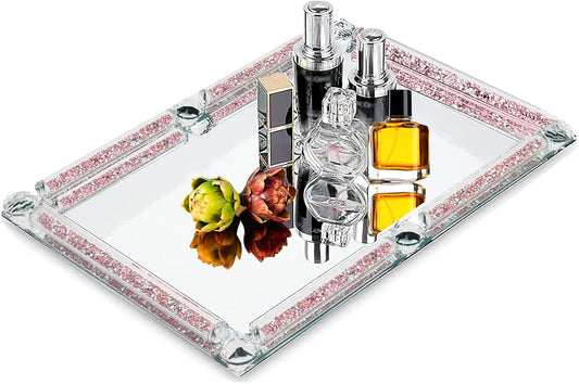 Crystal Glass Tray, Modern Mirror Jewelry Dresser Trinket Trays with Crushed Diamond, 11.8" x 7.9"Rectangular Makeup Perfume Tray for Bathroom Bedroom, Home Decor, Hotel Banquet, Party(Silver)