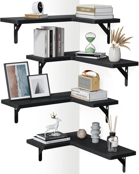 Amada HOMEFURNISHING Corner Floating Shelves, Set of 4 Corner Wall Shelves, Shelves for Wall Decor, Corner Wood Shelves for Home Decor, Office, Bedroom, Bathroom, Laundry Room, Kitchen, Brown
