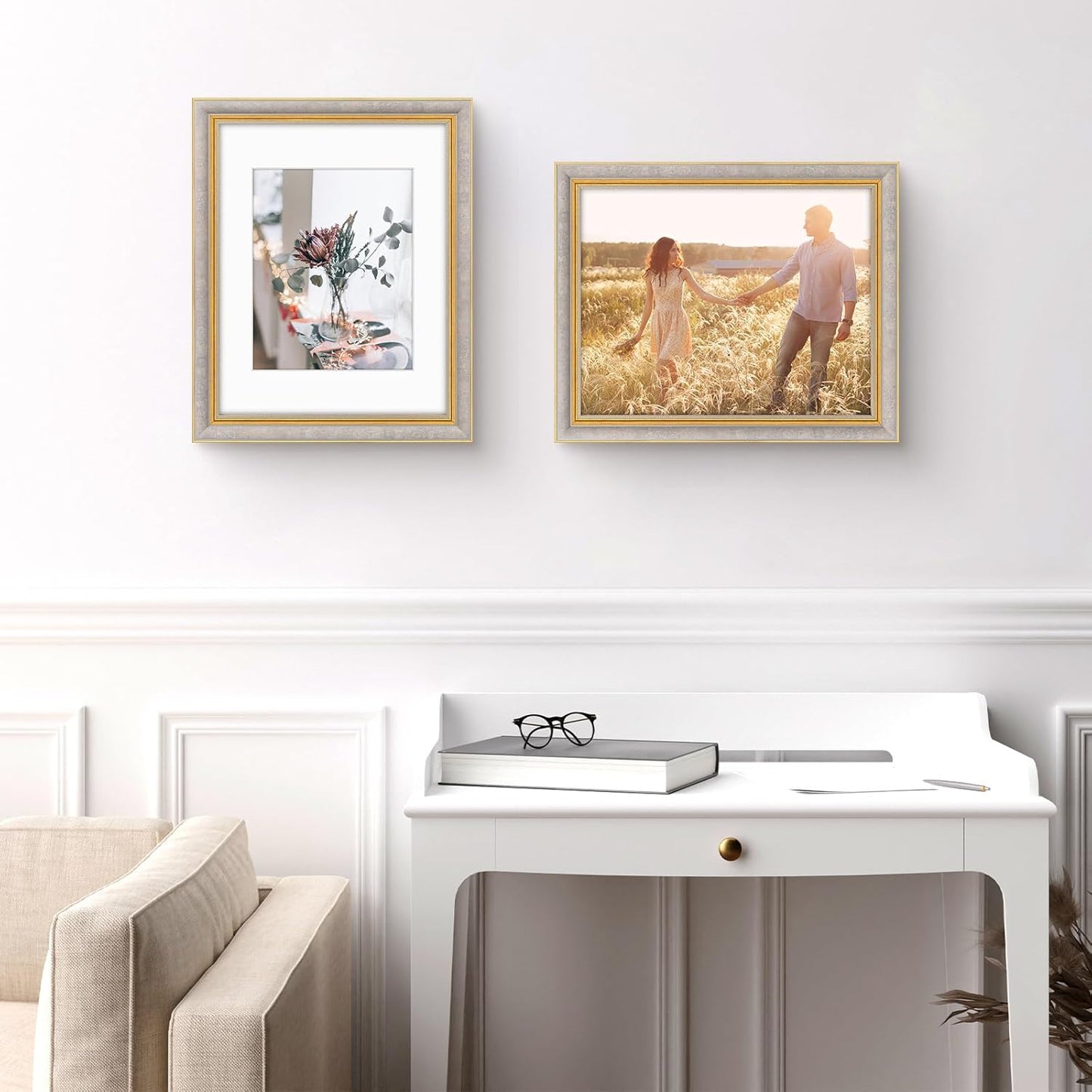 Golden State Art,11x14 Ornate Picture Frame for 8x10 Photo with Mat or 11 x 14 Prints without Mat,Real Glass Wall Display(Color:Green Gold)