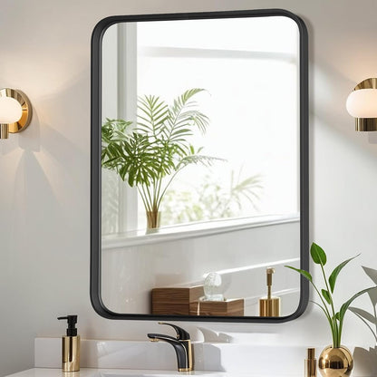 Bathroom Mirror for Wall, 24 Inch Round Mirror, Matte Black Metal Framed Circle Vanity Mirror for Bathroom Bedroom Living Room Entryway, Anti-Rust, Tempered Glass, Hanging or Leaning