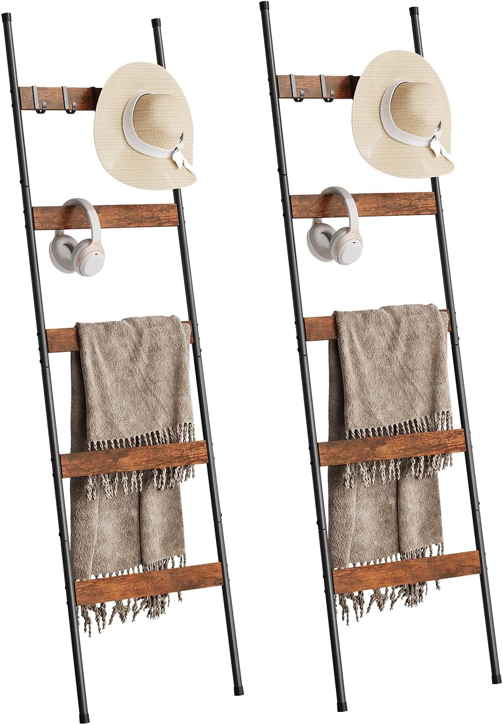 ELYKEN Blanket Ladder for Living Room, Farmhouse 5-Tier Quilt Holder with 4 Removable Hooks for Bathroom, Wood Towel Rack Display, Wall Anchor Leaning Decorative Stand for Home, Rustic Brown