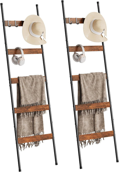 ELYKEN Blanket Ladder for Living Room, Farmhouse 5-Tier Quilt Holder with 4 Removable Hooks for Bathroom, Wood Towel Rack Display, Wall Anchor Leaning Decorative Stand for Home, Rustic Brown