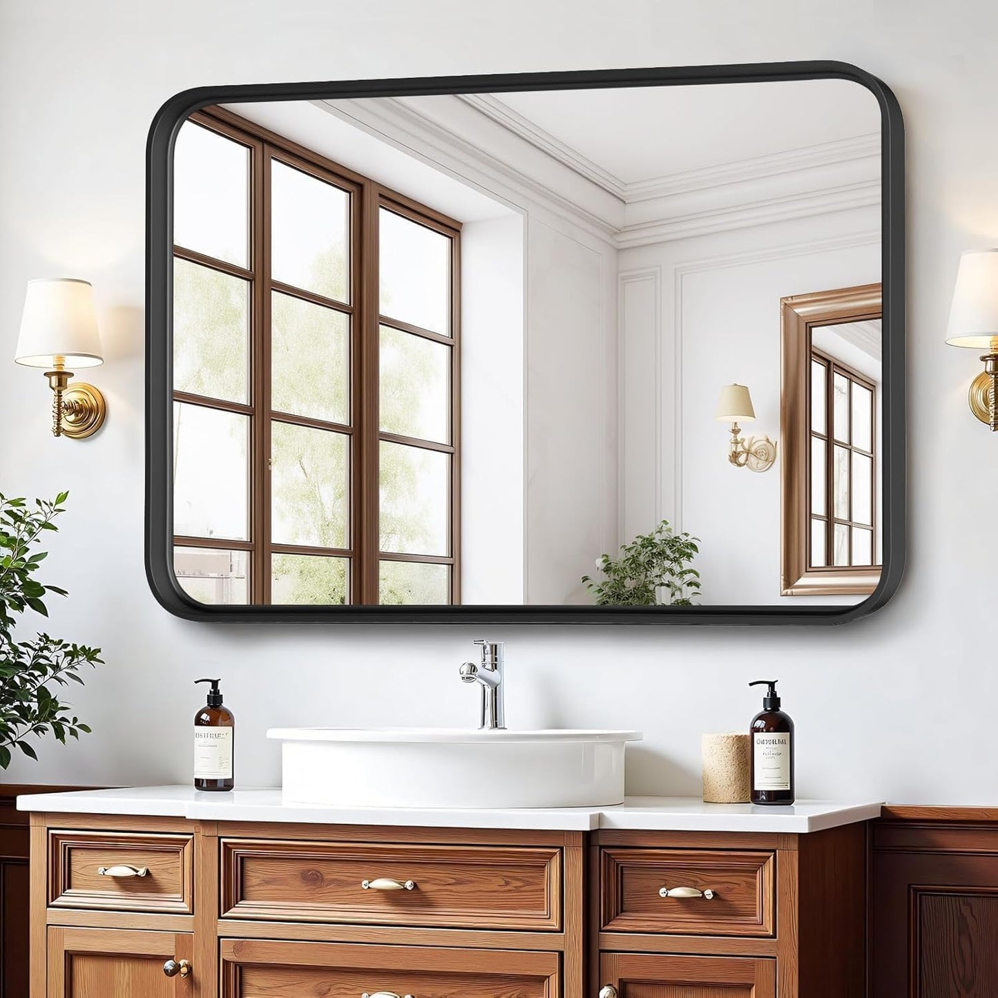 Bathroom Mirror for Wall, 24 Inch Round Mirror, Matte Black Metal Framed Circle Vanity Mirror for Bathroom Bedroom Living Room Entryway, Anti-Rust, Tempered Glass, Hanging or Leaning