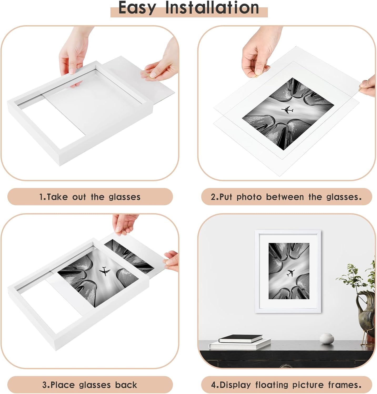 MUYE 11x14 Floating Frame Set of 2,Double Glass Rustic Frame,Display Any Size Photo up to 11x14,Wall Mount or Tabletop Standing,Natural