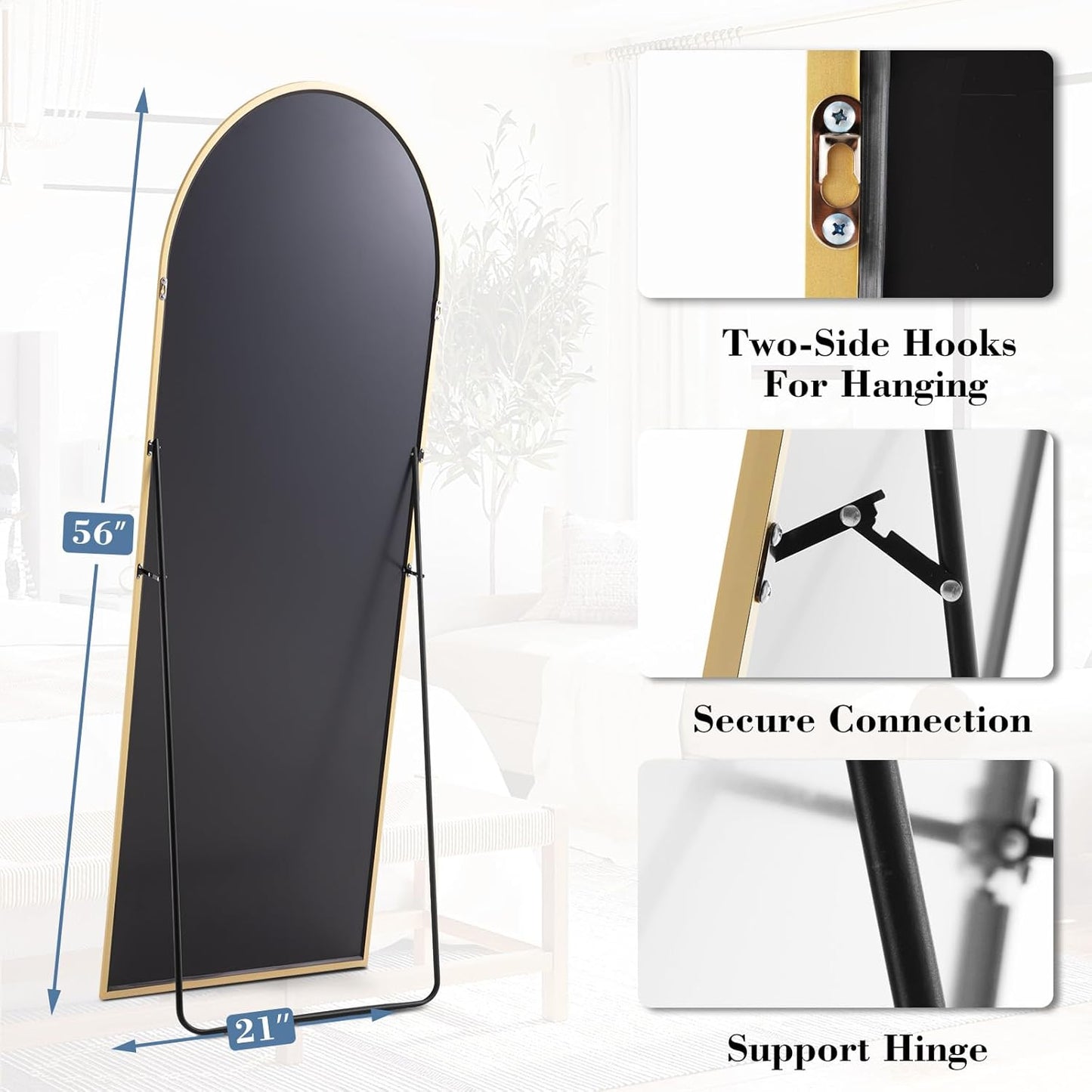 DUMOS Arched Full Length Mirror with Stand 64"x21" Floor Standing Aluminum Frame for Bedroom Body Hanging Leaning Modern Simple Home Decor Shatter-proorf Nano Glass Wall Living Room Cloakroom Black