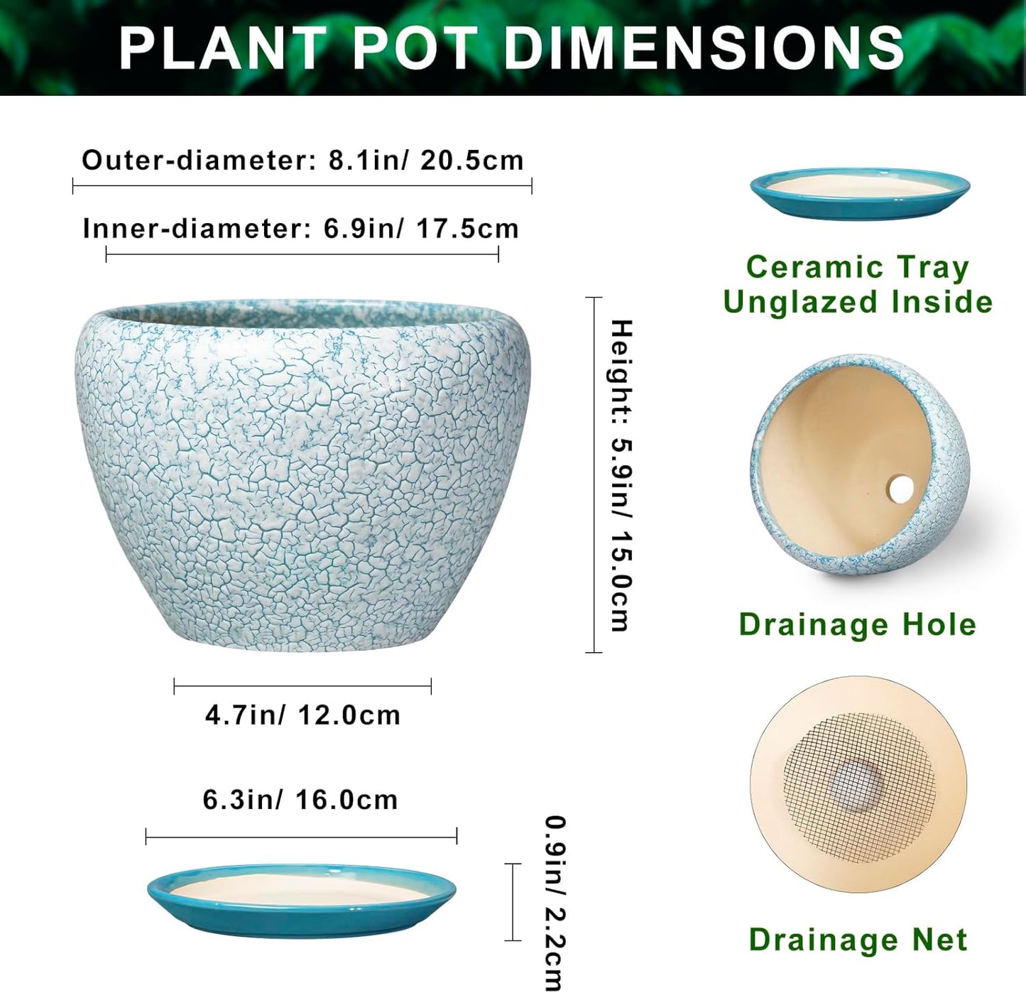 6 Inch Plant Pot - Ceramic Pots for Plants with Drainage Hole and Saucer, Round Succulent Planter Indoor Outdoor, Modern Flower Pot for Snake Plants, Home Decor, Gifts for Plant Lover, Blue