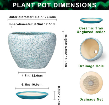 6 Inch Plant Pot - Ceramic Pots for Plants with Drainage Hole and Saucer, Round Succulent Planter Indoor Outdoor, Modern Flower Pot for Snake Plants, Home Decor, Gifts for Plant Lover, Blue