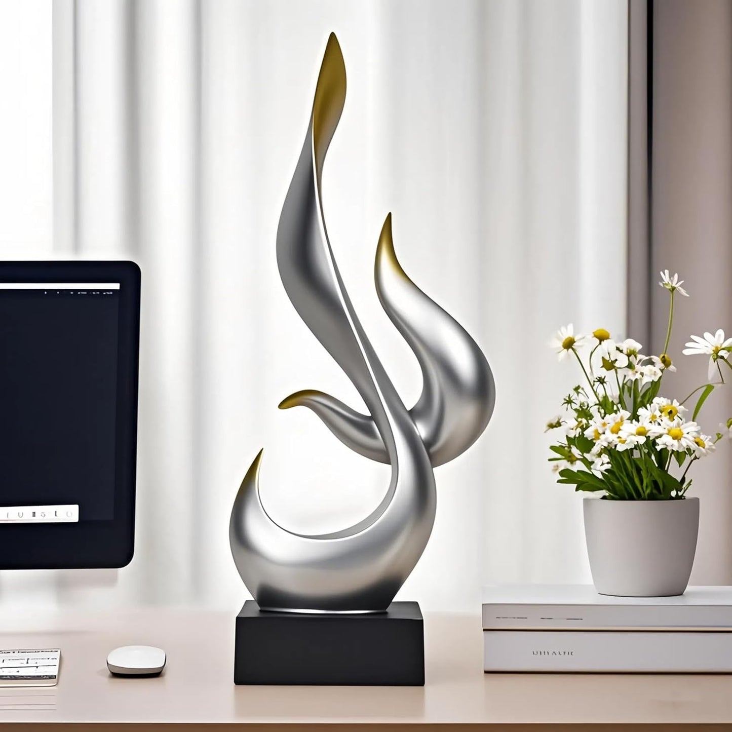 Black Fire Flame Sculpture, Modern Abstract Resin Statue, Art Statue Home Decor for Living Room TV Stand Coffee Table Shelf Accents Decor.