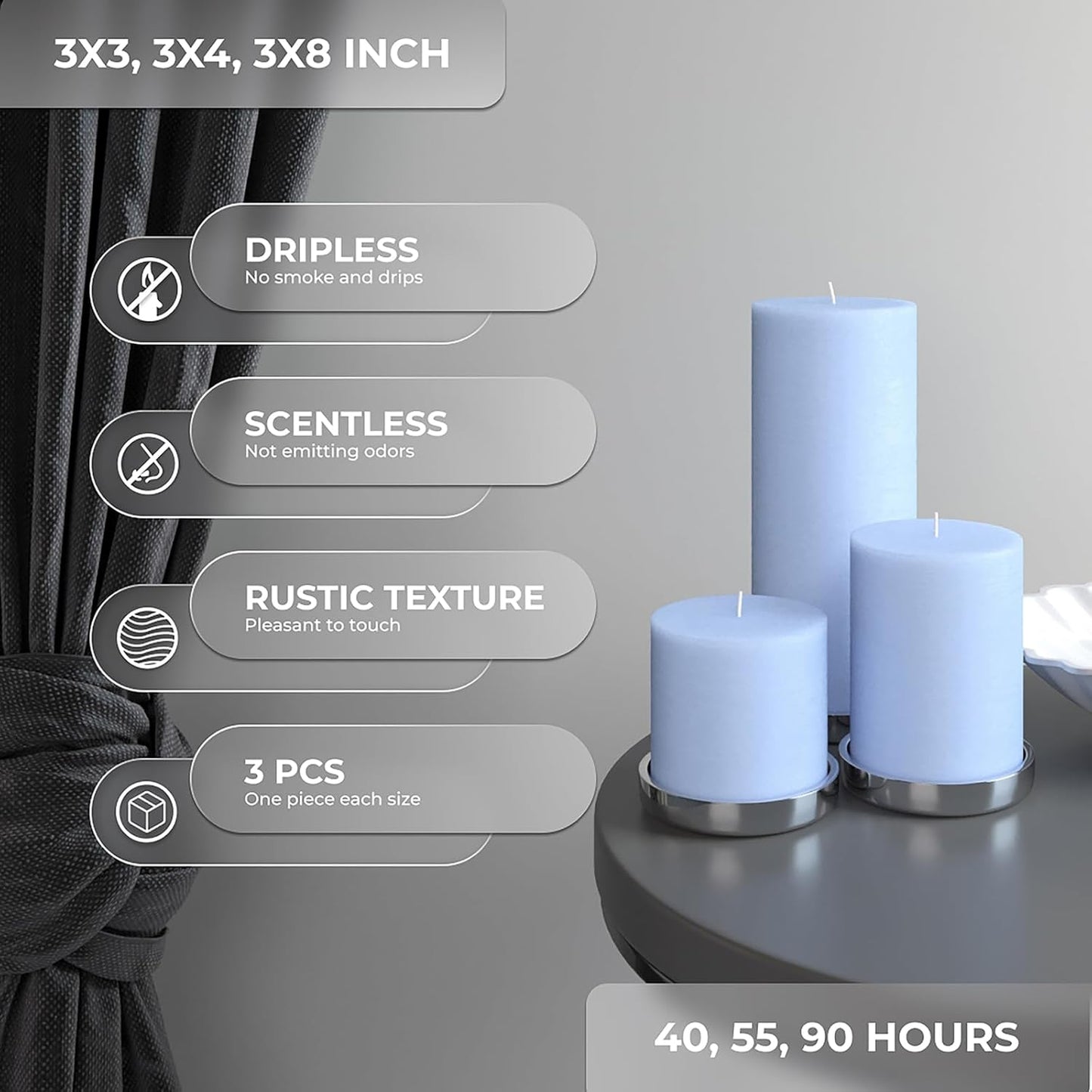 CANDWAX 3x4 inch Pillar Candles Set of 3 – Unscented Dripless Rustic Dark Blue Candles for Room Decor, Weddings, Centerpieces