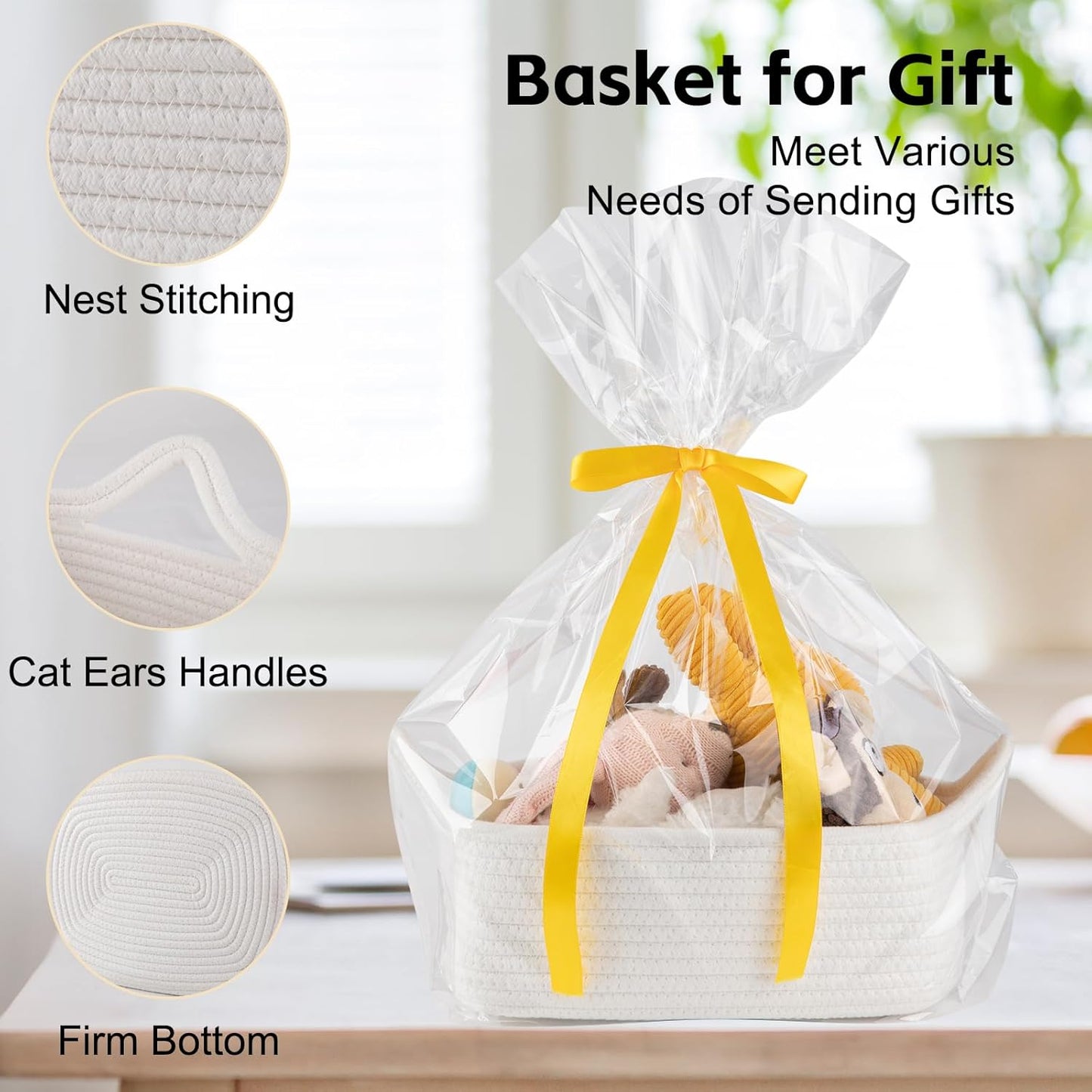 OIAHOMY Woven Basket, Gift Basket Empty with Gift Bags and Ribbons, Rope Baskets for Baby Showers, Storage Baskets with Handles for Nursery, Pet Toy Organizer - White