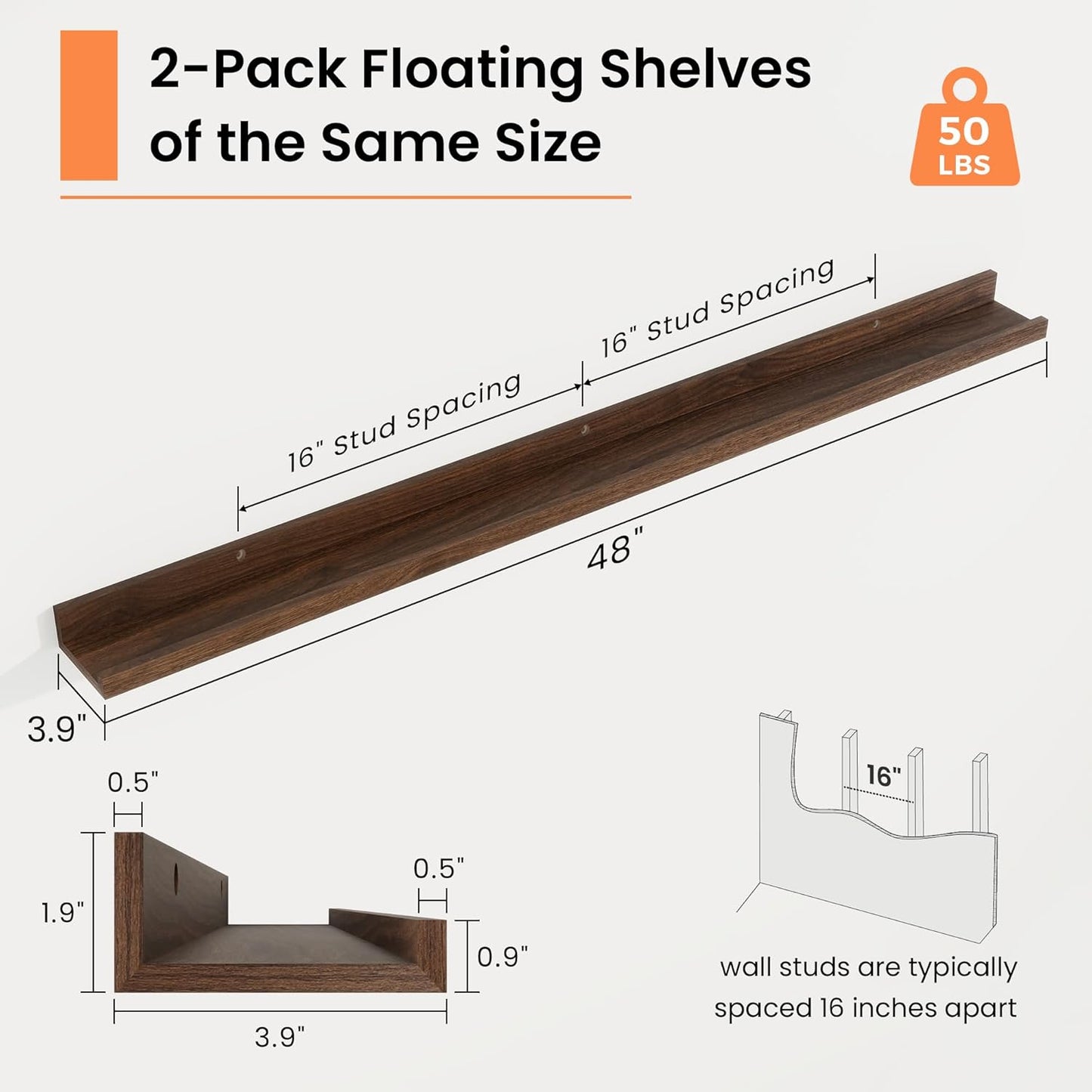 RICHFOCUS Picture Ledge Shelf, 24 inch Floating Shelves Set of 2, Wood Wall Shelves with Lip, Wall Decor Storage for Bedroom Living Room Bathroom Kitchen Nursery Photo Picture, Walnut