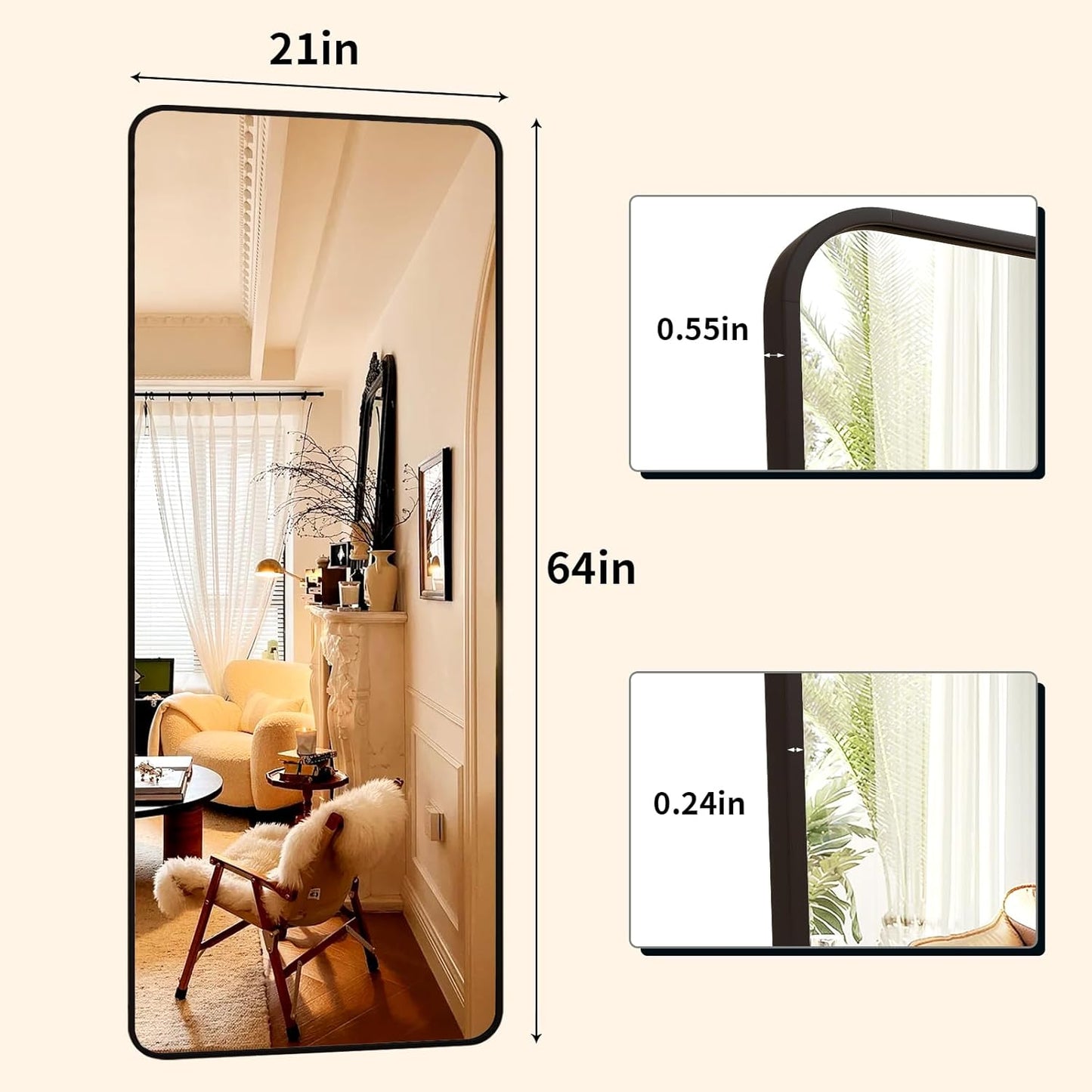 XRAMFY 56"x21" Floor Full Length Mirror Standing Full Body Rounded Corner Rectangle Mirrors with Stand Hanging Wall Mounted Leaning Bedroom Living Room Bedroom Cloakroom,Gold