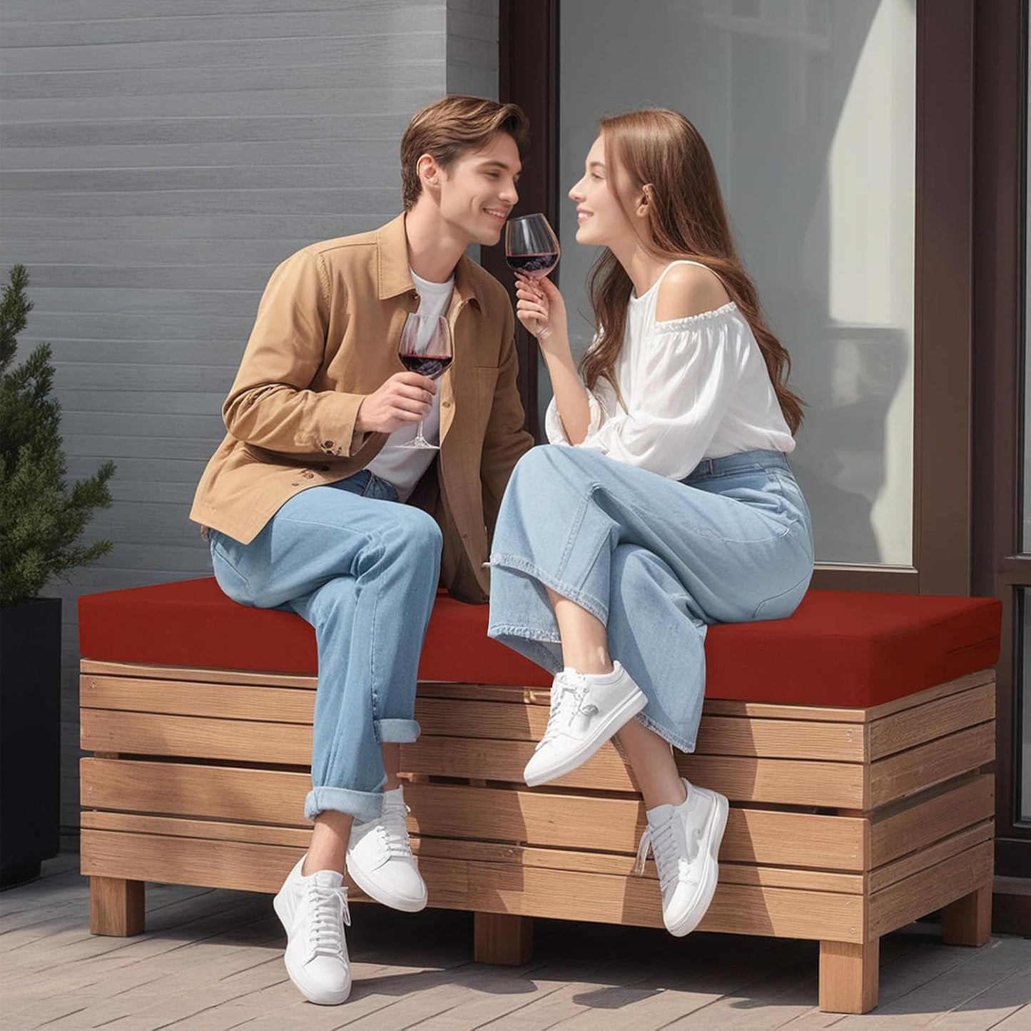 idee-home Outdoor Bench Cushion Waterproof, Bench Cushions for Outdoor Furniture, Patio Porch Swing Replacement Seat Pad with Ties for Garden Backyard, 48 x 18 Inch Red