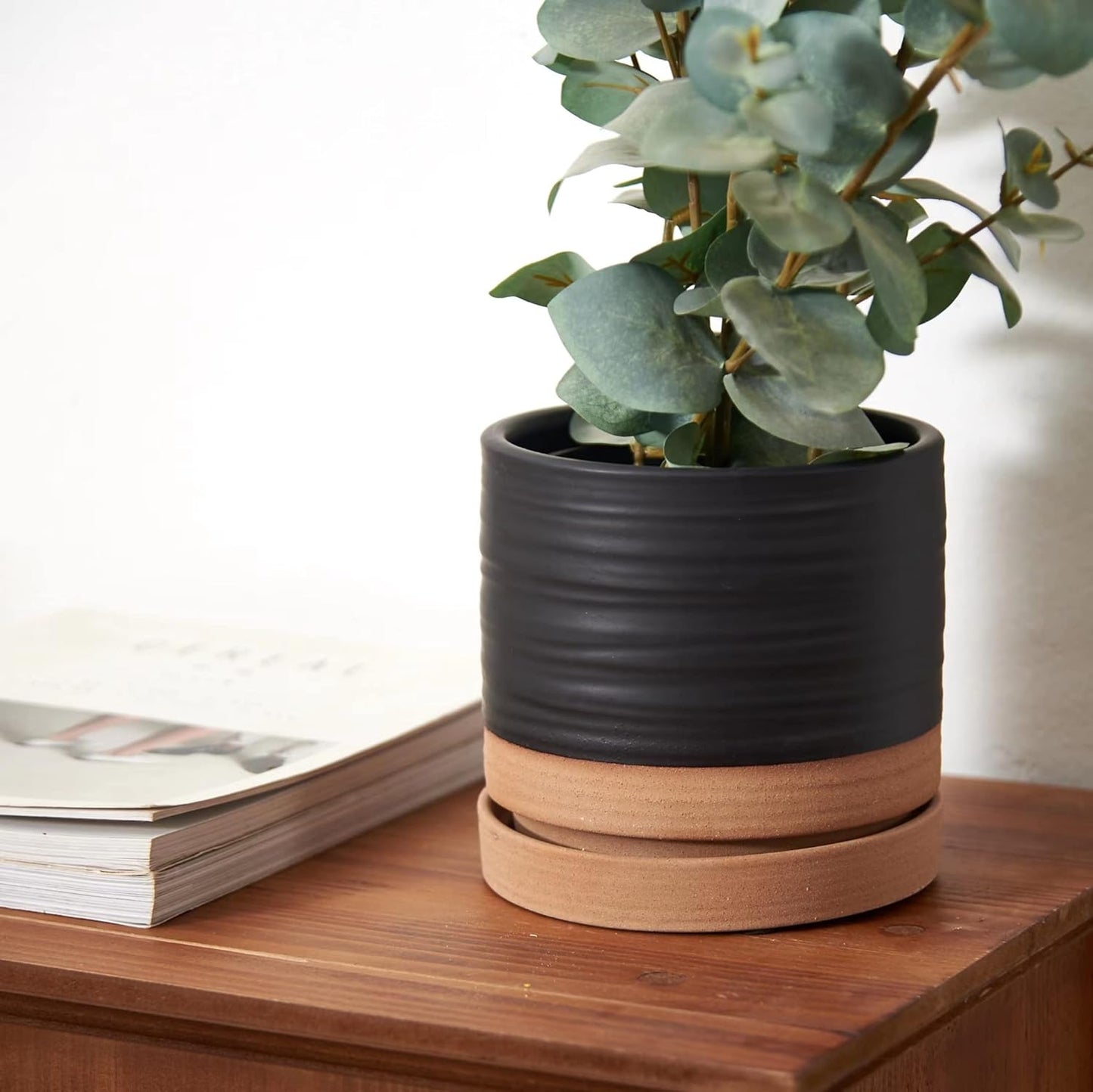 HERDUK 6 Inch Plant Pots, Ceramic Planter Pot with Drainage Hole & Saucer, Indoor/Outdoor Cylinder Round Planter Pot, Green & Beige