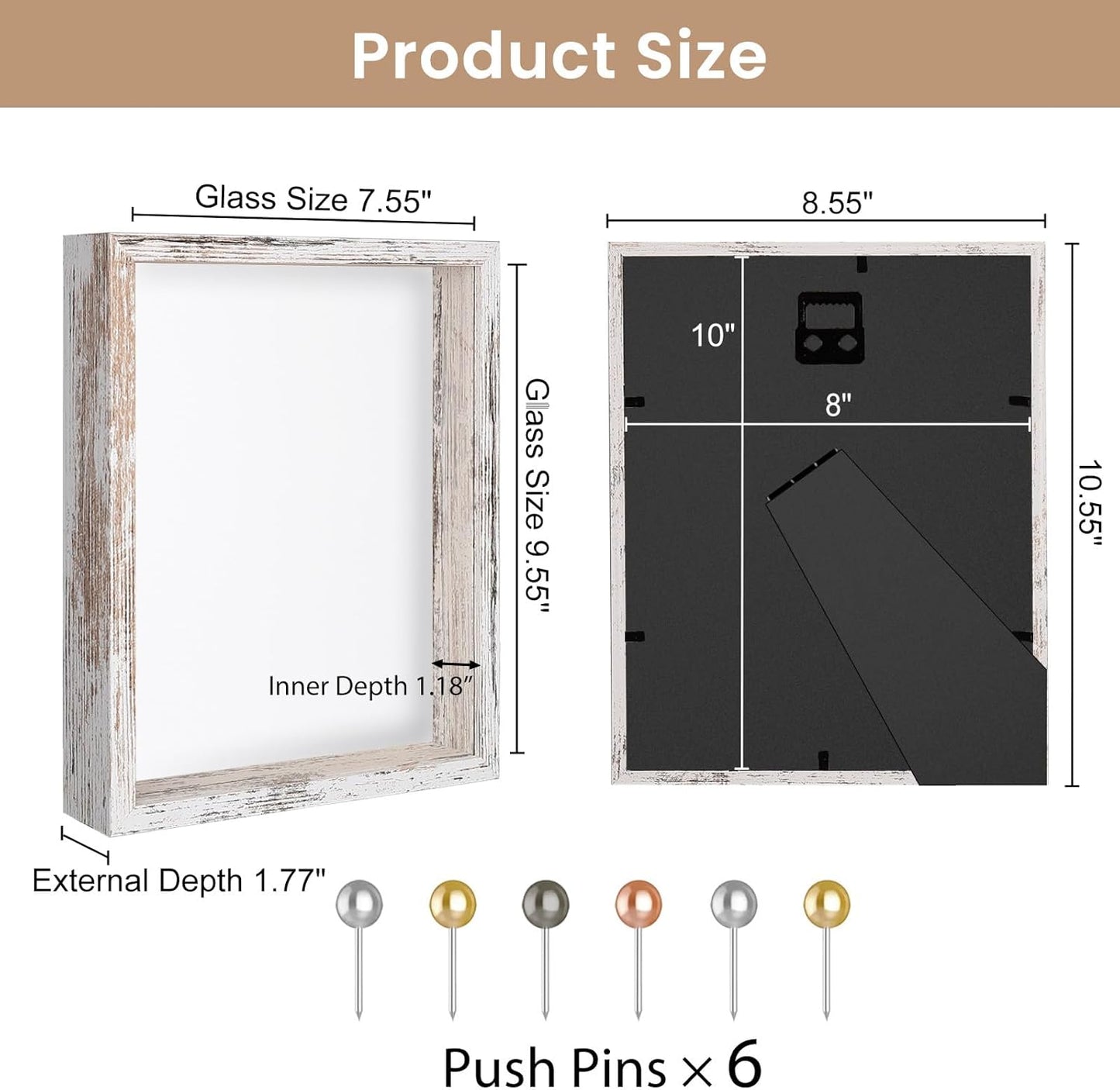 Califortree 8x8 Shadow Box Frame with Soft Linen Back - Push Pins Included, Memory Box Display Case for Flower, Tickets and 3D Items, Black