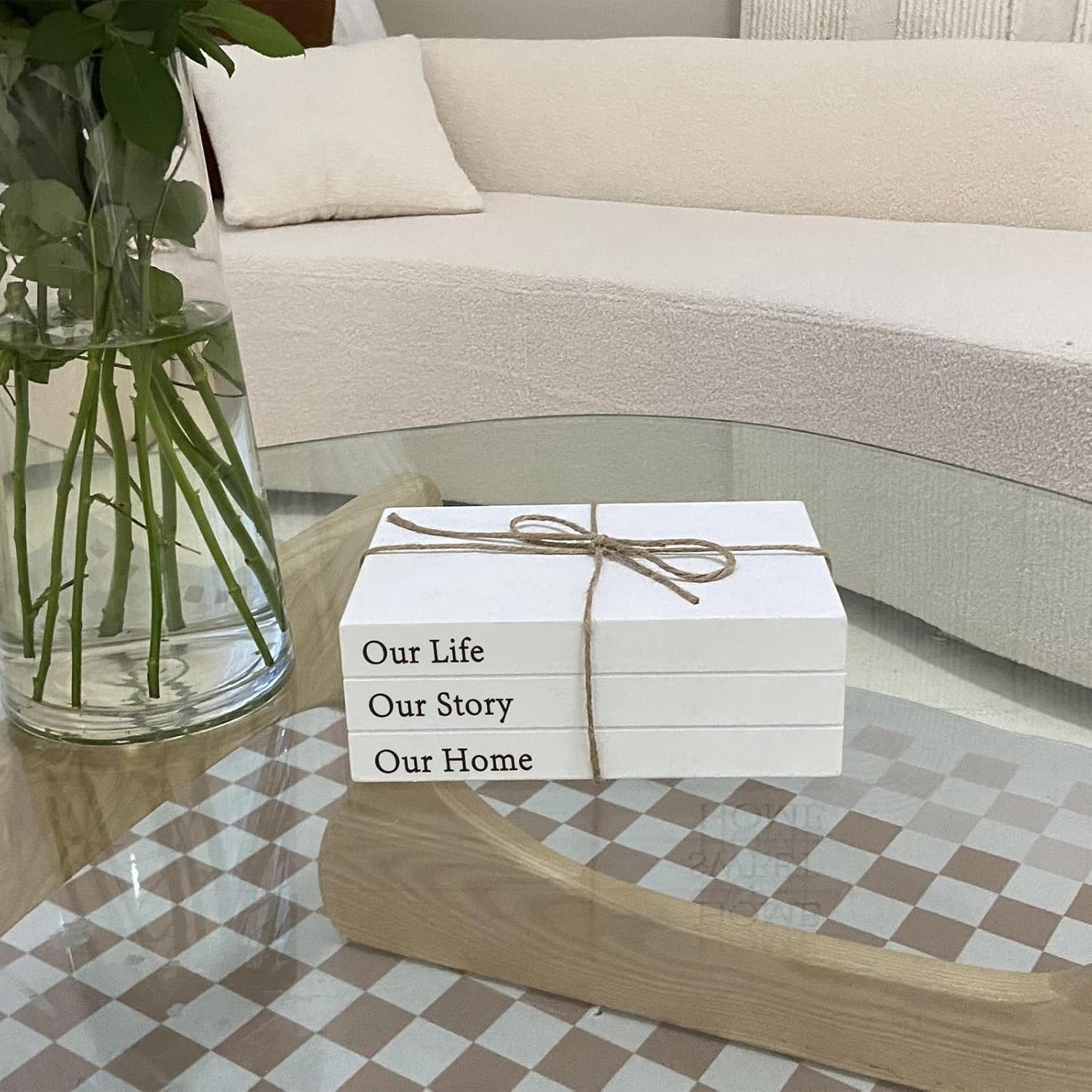 Decorative Books for Home Decor, White Faux Books for Decoration, Rustic Farmhouse Stacked Display Books with 52in Wood Bead Garland for Coffee Tables Living Room (TAKE TIME to DO)