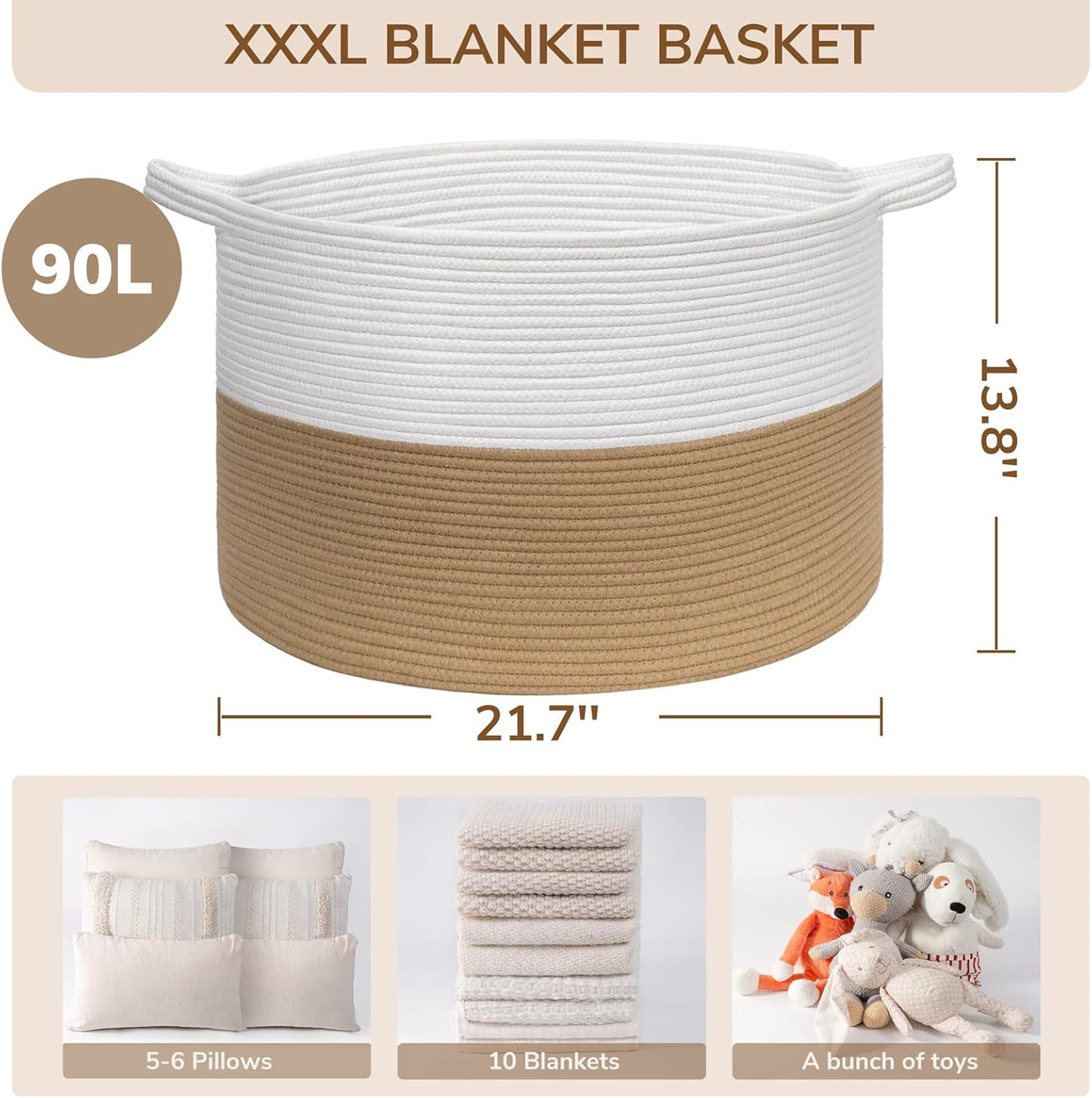 INDRESSME XXXLarge Blanket Basket for Living Room 21.7" x 21.7" x 13.8"-Storage Basket with Handle for Organizing Toy Pillows Woven Cotton Rope Laundry Basket Stuffed Animal Toy Storage for Play Room