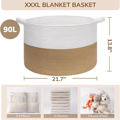 INDRESSME XXXLarge Blanket Basket for Living Room 21.7" x 21.7" x 13.8"-Storage Basket with Handle for Organizing Toy Pillows Woven Cotton Rope Laundry Basket Stuffed Animal Toy Storage for Play Room