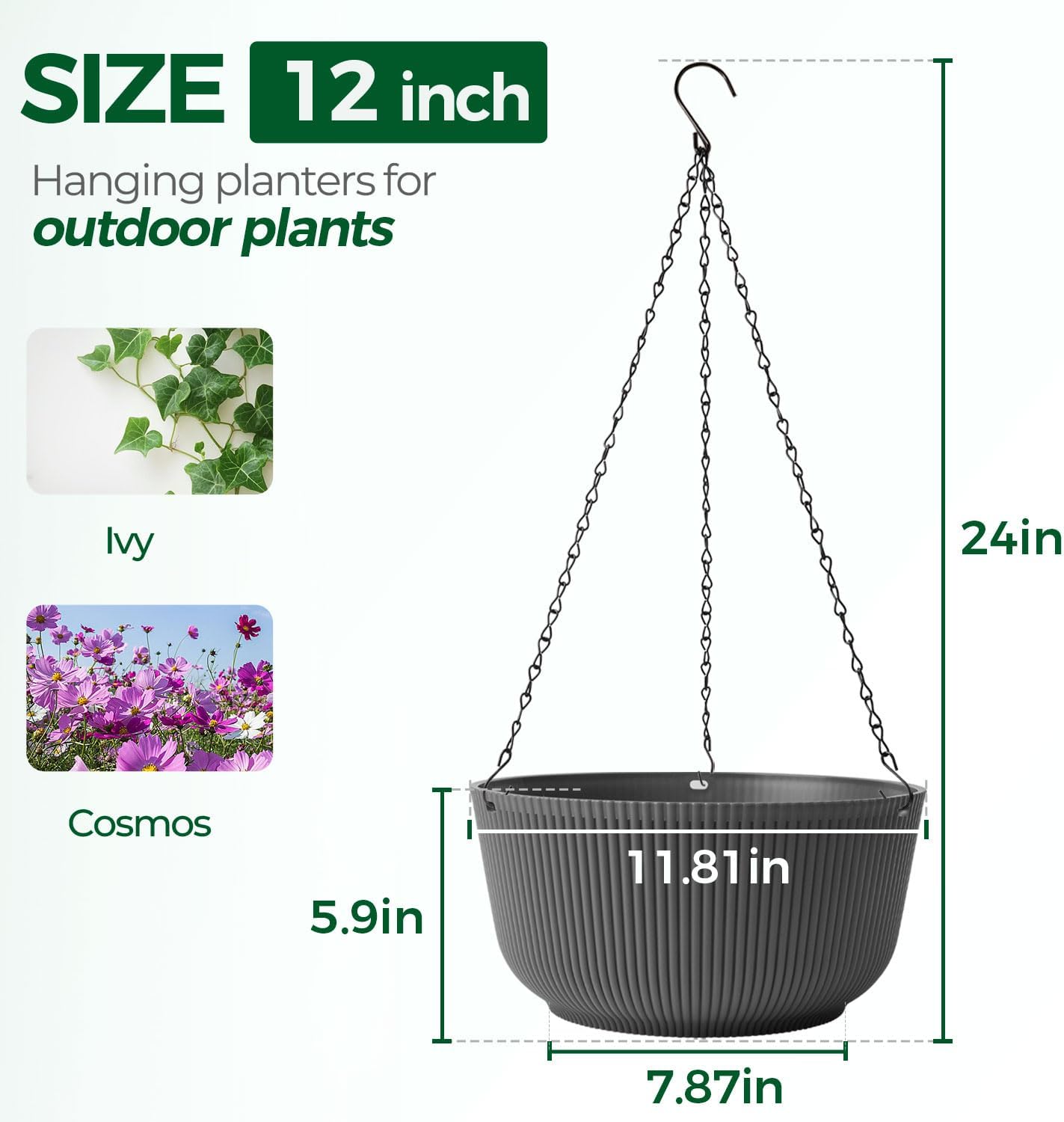T4U 10 Inch Hanging Planters for Indoor Plants, 2 Pack White Self Watering Hanging Plant Pot, Hanging Pots Set with Drainage Hole & Plug & Chain with 3 Hooks for Garden Home Decor