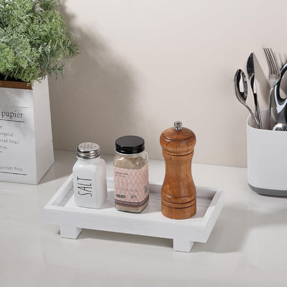 Decorative Tray Small Pedestal Stand Farmhouse Bathroom Decor Wooden Riser Display Stand for Vanity, Kitchen Countertop, Sink, 9.4 * 4.7 White