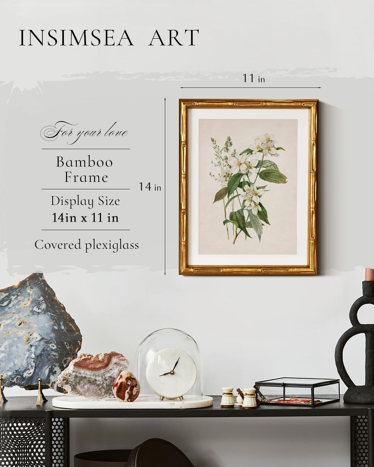InSimSea Gold Bamboo Framed Canvas Wall Art, Retro Blue Hydrangea Botanical Prints, Antique Flowers Picture Frame with Mat, Victorian Home Wall Decor for Kitchen Living Room Bedroom, 11x14inch