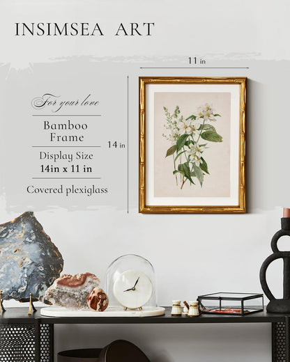 InSimSea Gold Bamboo Framed Canvas Wall Art, Retro Blue Hydrangea Botanical Prints, Antique Flowers Picture Frame with Mat, Victorian Home Wall Decor for Kitchen Living Room Bedroom, 11x14inch