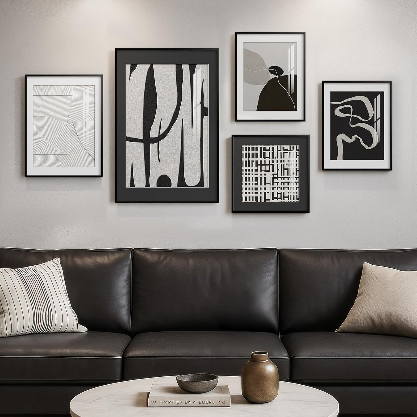 Framed Boho Black and White Brown Modern Abstract Wall Art for Living Room, Set of 6 Bohemian Wall Hanging Artwork, Minimalist Sun Geometric Pictures for Bedroom Office Bathroom Wall Decor 11x14 Inch