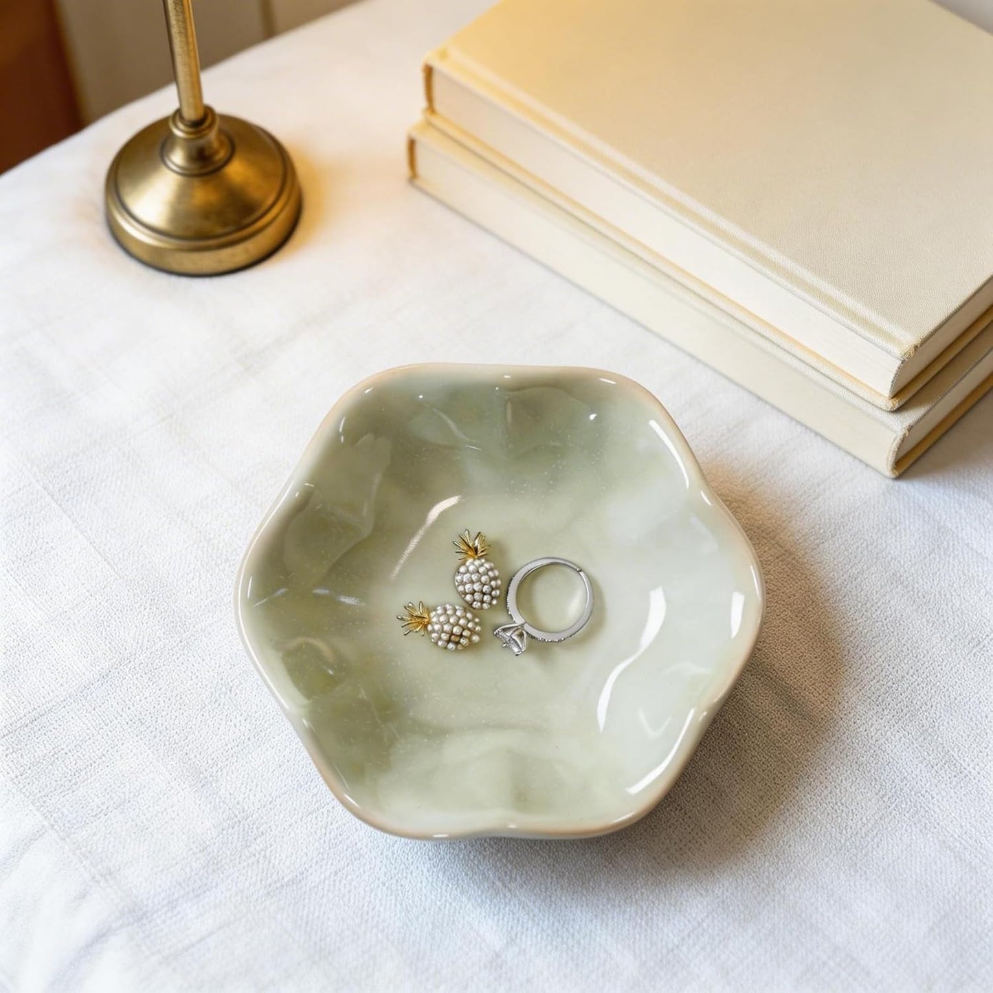 Pink Flower Ring Dish Holder,Jewelry Dish Tray,Small Trinket Tray,Jewelry Plate Bowl,Key Bowl,Decorative Plate,Mothers Day Birthday Gifts for Women Friends,Ceramic Kiln effect White
