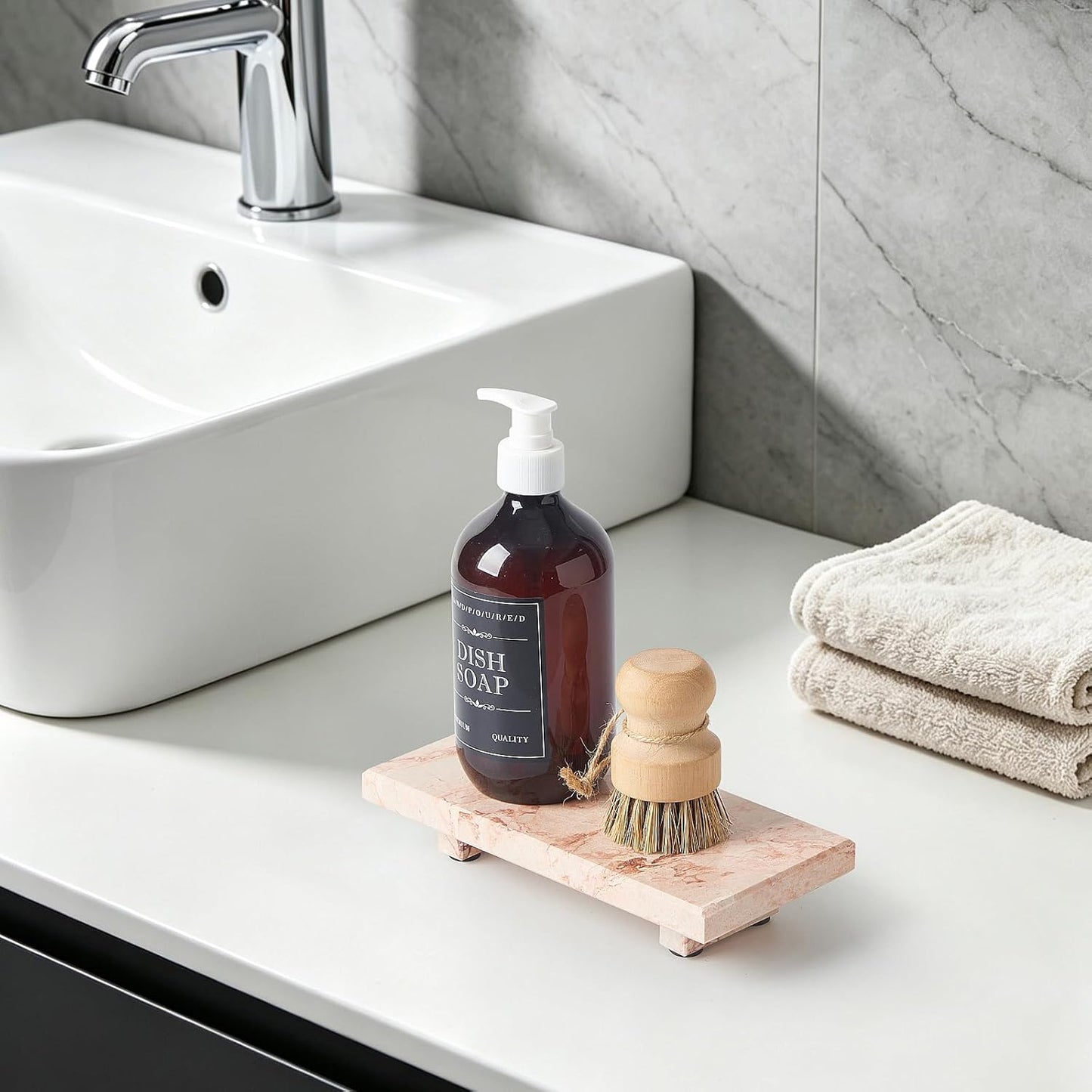Natural Marble Tray Pedestal Stand – Soap & Jewelry Riser for Bathroom Counter, Kitchen Sink, Vanity Organizer, Decorative Stone Catchall for Perfume, Candles