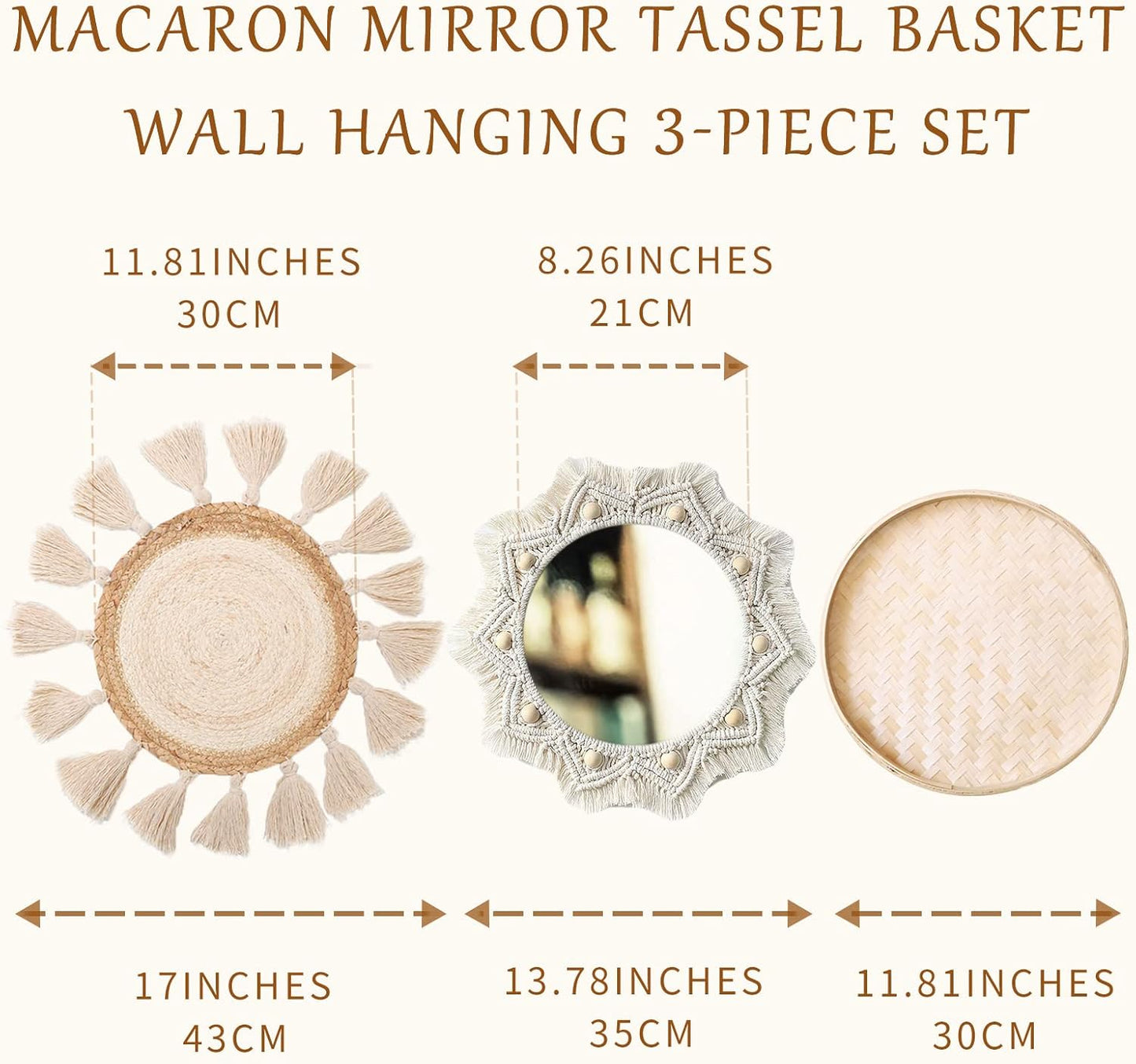 Boho Wall Basket Decor Set of 8 - Flat Woven Basket Wall Hanging Decor,Round Tassels White Macrame Tapestry Wall Decor Art,Handmade Rattan Wicker Seagrass Home Wall Baskets Decor（Boho Classic)
