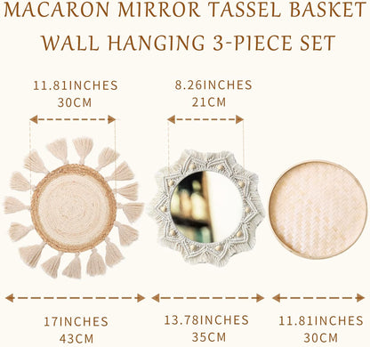Boho Wall Basket Decor Set of 8 - Flat Woven Basket Wall Hanging Decor,Round Tassels White Macrame Tapestry Wall Decor Art,Handmade Rattan Wicker Seagrass Home Wall Baskets Decor（Boho Classic)