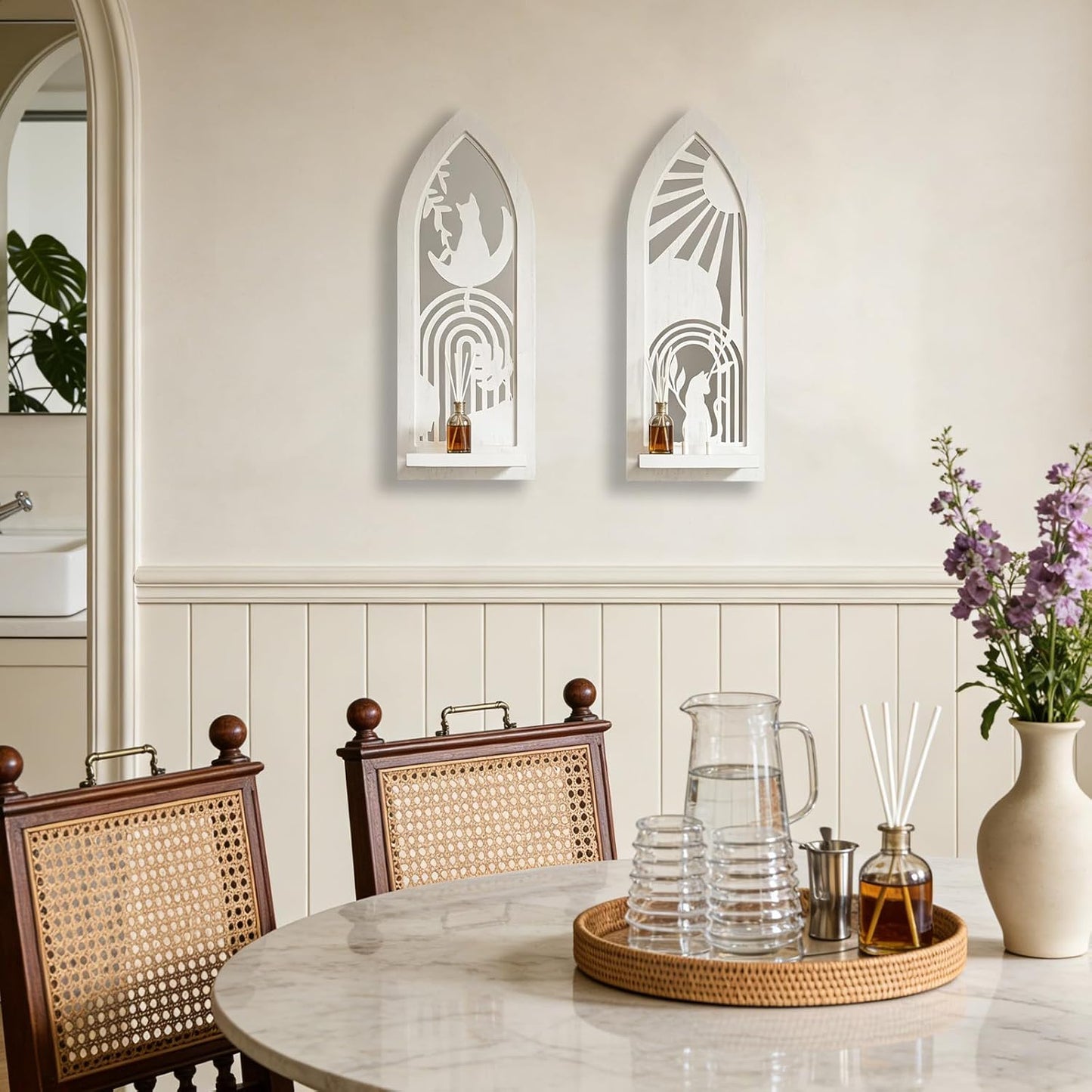 Wood Wall Sconce Candle Holder Set 2, Rustic Wall-Mount Candle Holders, Farmhouse Hanging Wall Décor, Carved Wood Frame, Mirrored Candle Holder (Distressed White)