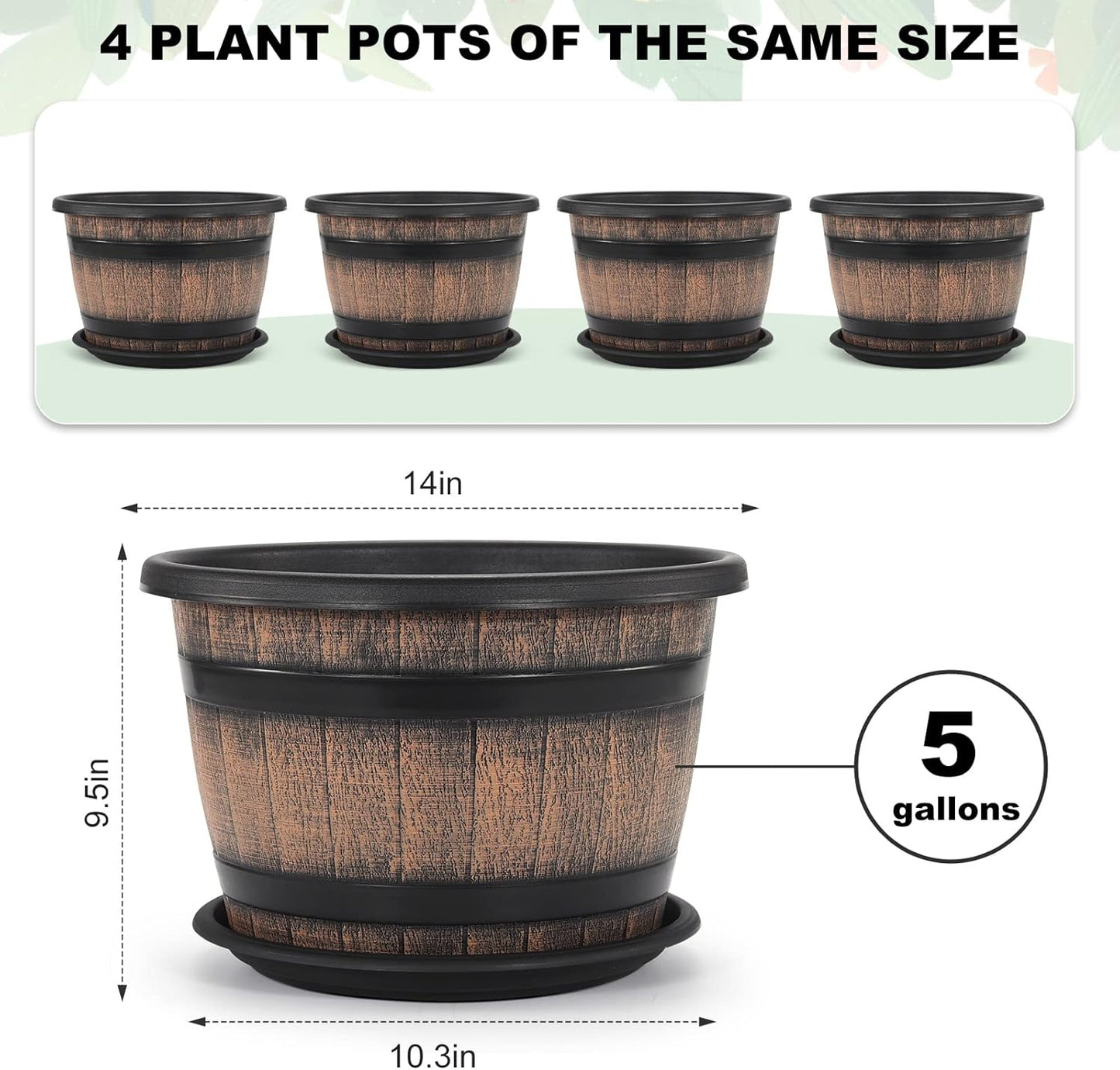 Quarut 3 Pack 10 inch Plant Pots,Whiskey Barrel Planters with Drainage Holes & Saucer, Plastic Decoration Flower Pots Imitation Wine Barrel Design, for Indoor & Outdoor Garden Home Plants (Brown)