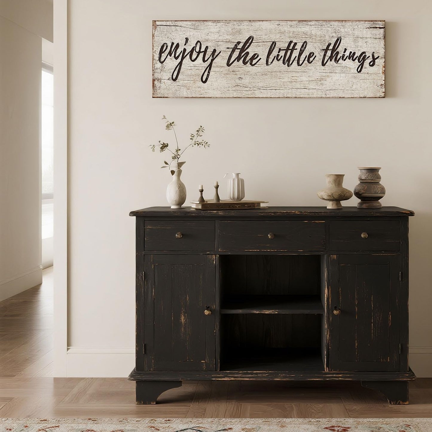 Quotes Wall Decor Enjoy the Little Things Sign Family Wall Signs Canvas Prints Rustic Wooden Wall Art Wood Pictures for Living Room Bedroom Office Home Decor, 6 X 17 Inch Framed
