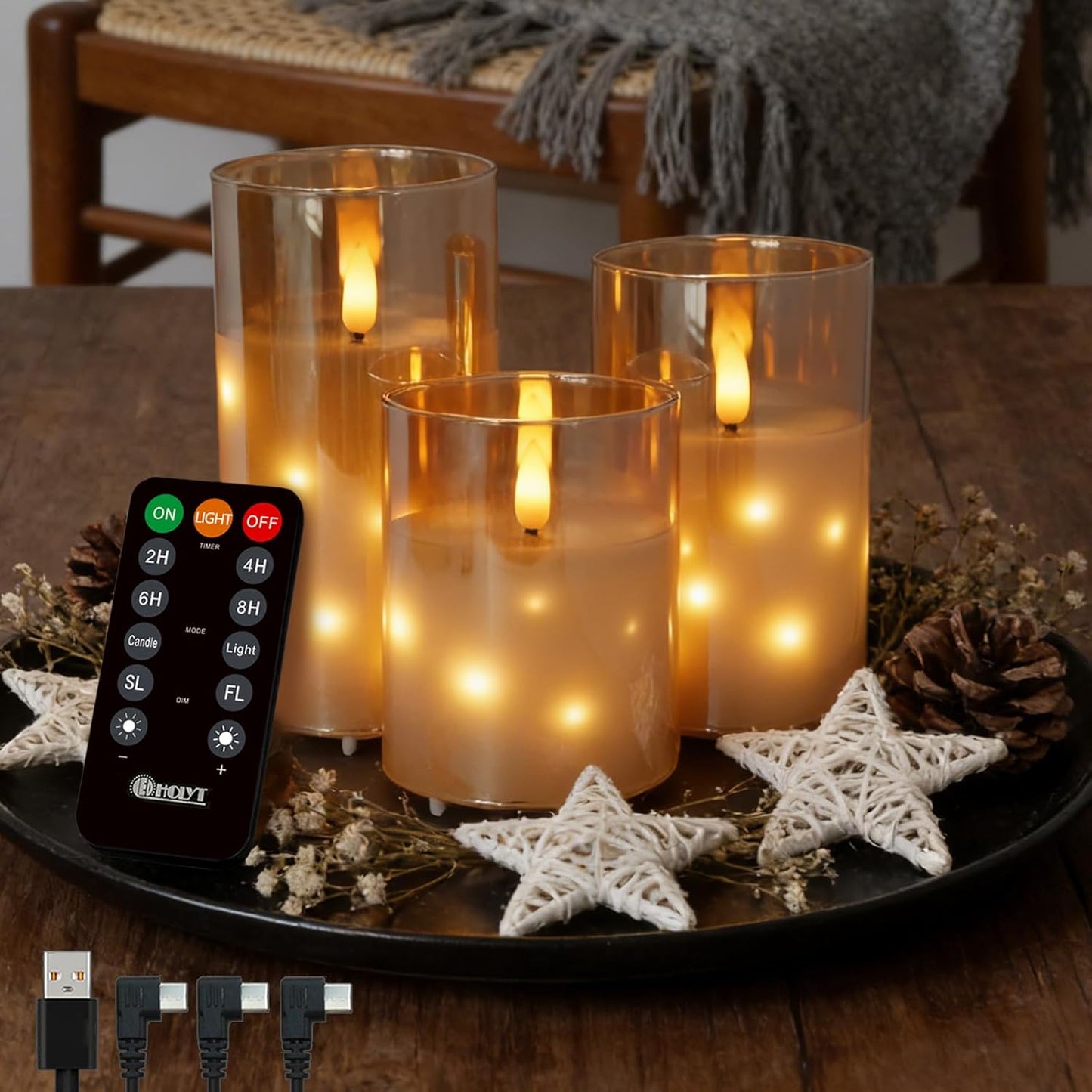 Rechargeable Flameless Glass Pillar Candles–Gifts for Women,–Set of 3, Realistic Flickering LED Light,Remote & Timer, Ideal for Living Room, Bedroom & Festival Wedding Home Party Decor
