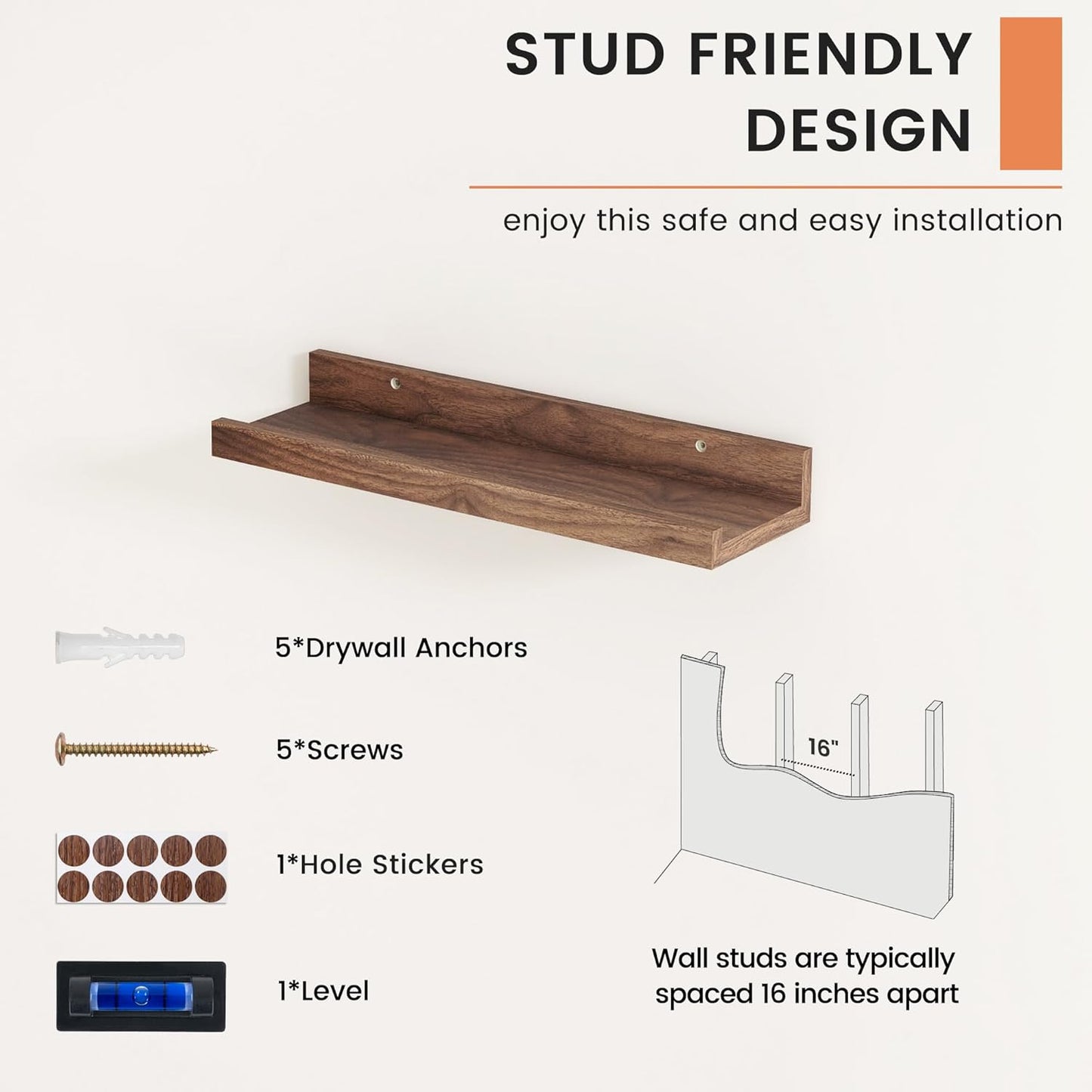 FLYJOE Picture Ledge Shelf, Floating Shelves Set of 2, 48 Inches Long Large Nursery Book Shelves for Toys Storage, Kids Bookshelf Wall Mounted for Living Room Bedroom Decor Books Photo Frames, Walnut