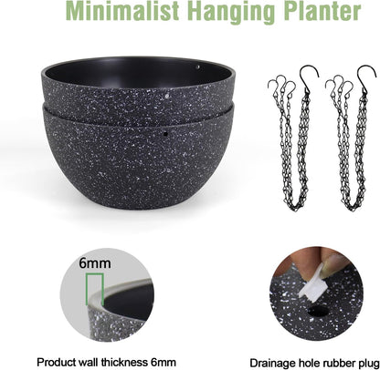 Meowell 10 inch Hanging Planters for Indoor Outdoor Plants, 2 Pack Hanging Flower Pots with Drainage Holes and Chain for Garden Porch, Plastic Hanging Baskets for House Plants, Speckled Grey