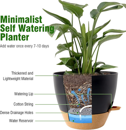 WSMKSZ 10/9/8 inch Self Watering Pots, Planter, Plant Pots with Mesh Drainage Holes for Indoor Outdoor Garden Plants, Plastic Flower Pots with Deep Reservoir for House Plants, Green with Brown