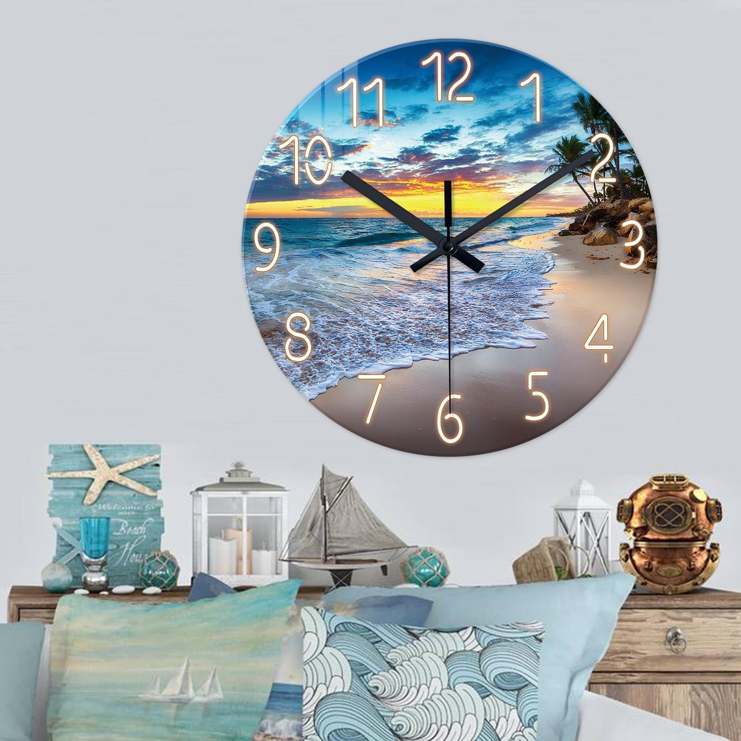 Beach Wall Clock Battery Operated 12 Inch Glass Wall Clock Non Ticking Analog Blue Wall Clocks for Bedroom Living Room Office Decor