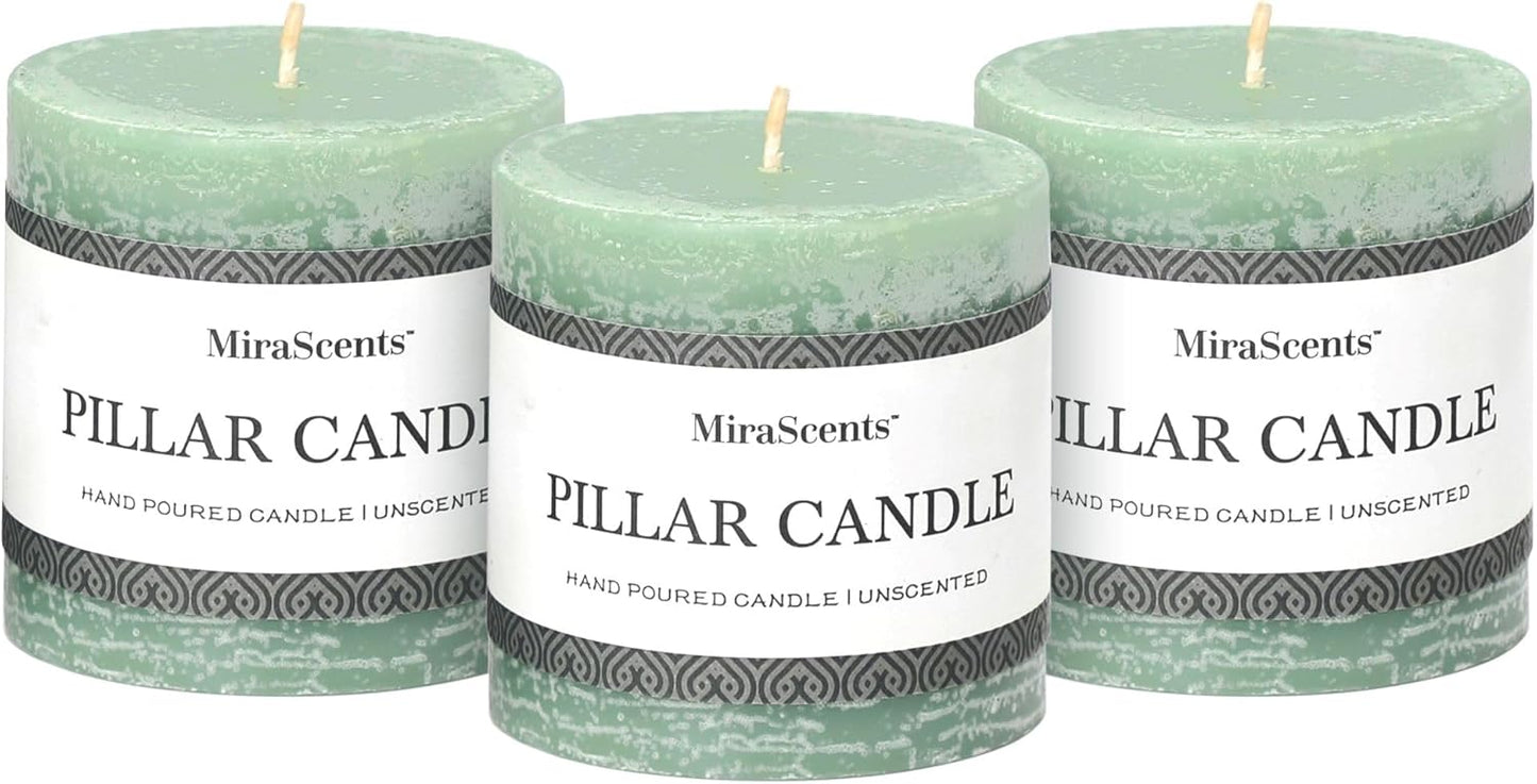 3x6 Inch Sage Green Pillar Candles Set of 3 - Unscented Spring, Long Clean Burning, Large Smokeless Dripless for Home Decor, Dinner Table, Bathroom, Rustic Decor