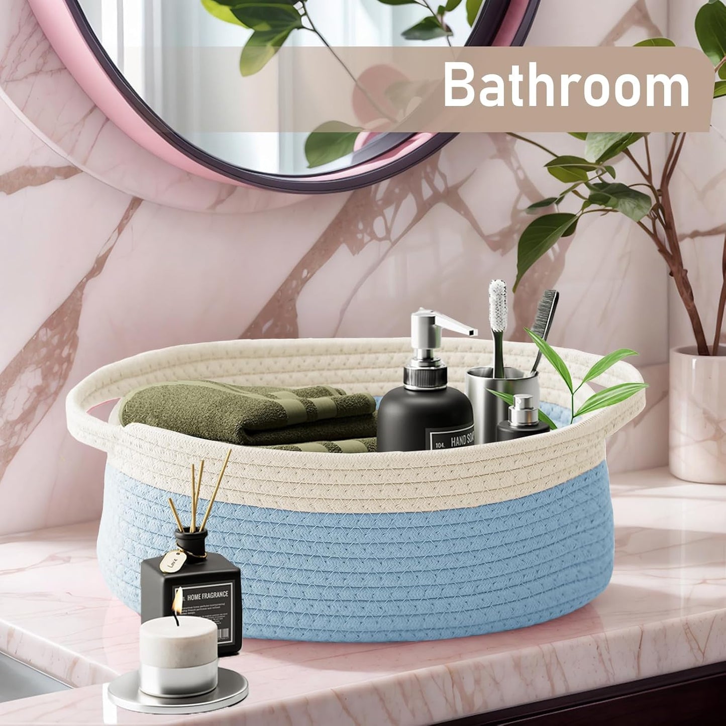 JMvicyroam Woven Basket,Small Rope Storage Bin with Handles & Ribbon Bag, Organizer for Shelves Closets,Gift Basket Empty for Birthday,Books,Dog Toys,White