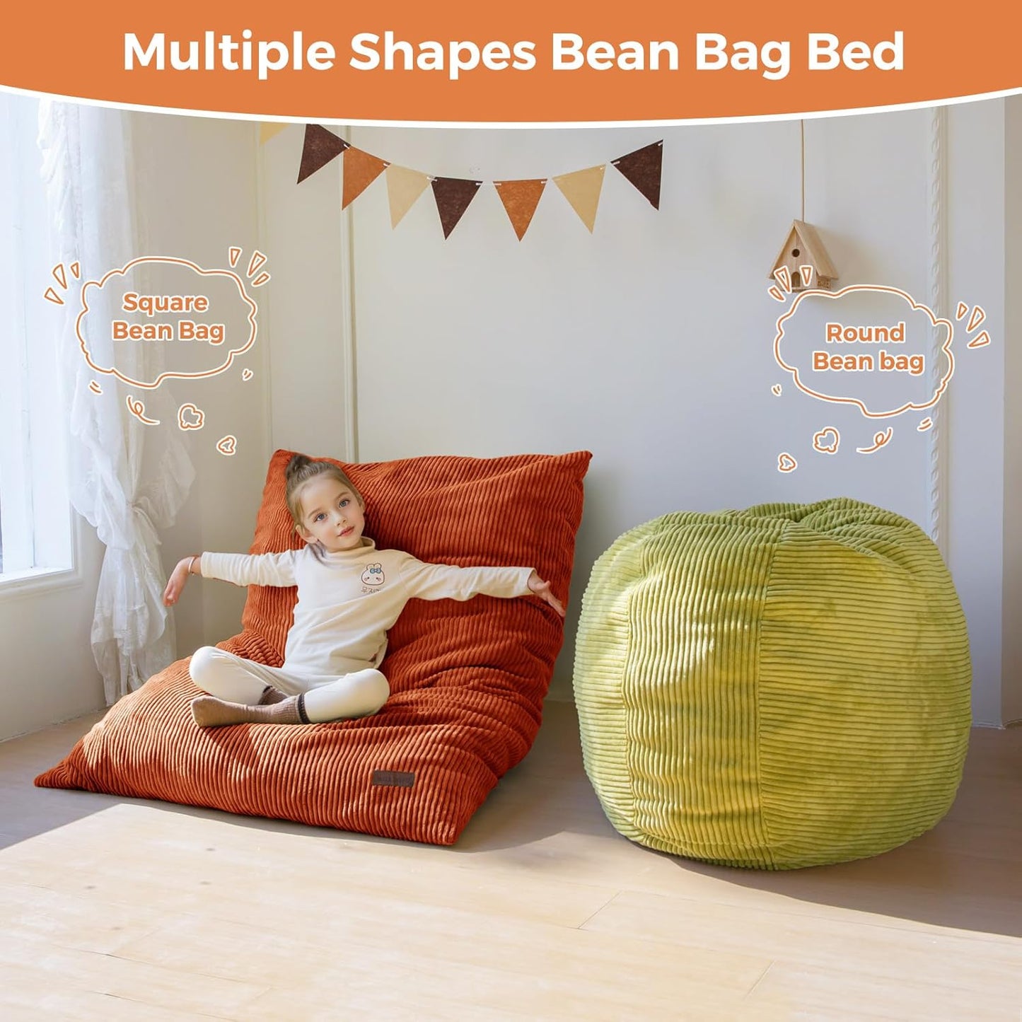 MAXYOYO 3 in 1 Kids Bean Bag Chair Couch, Convertible Chair Folds from Bean Bag to Lounger, Child Floor Sofa for Gaming, Reading, Floor Mattress with High-Density Foam Filling