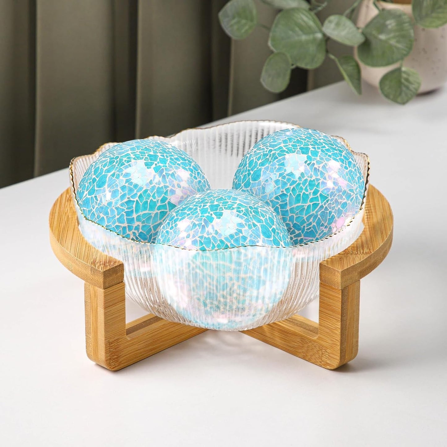 3Pcs Mosaic Glass Orbs Decorative Balls Set 8.5cm/3.35inch Blue Sphere Wedding Party Home Decor Table Centerpiece