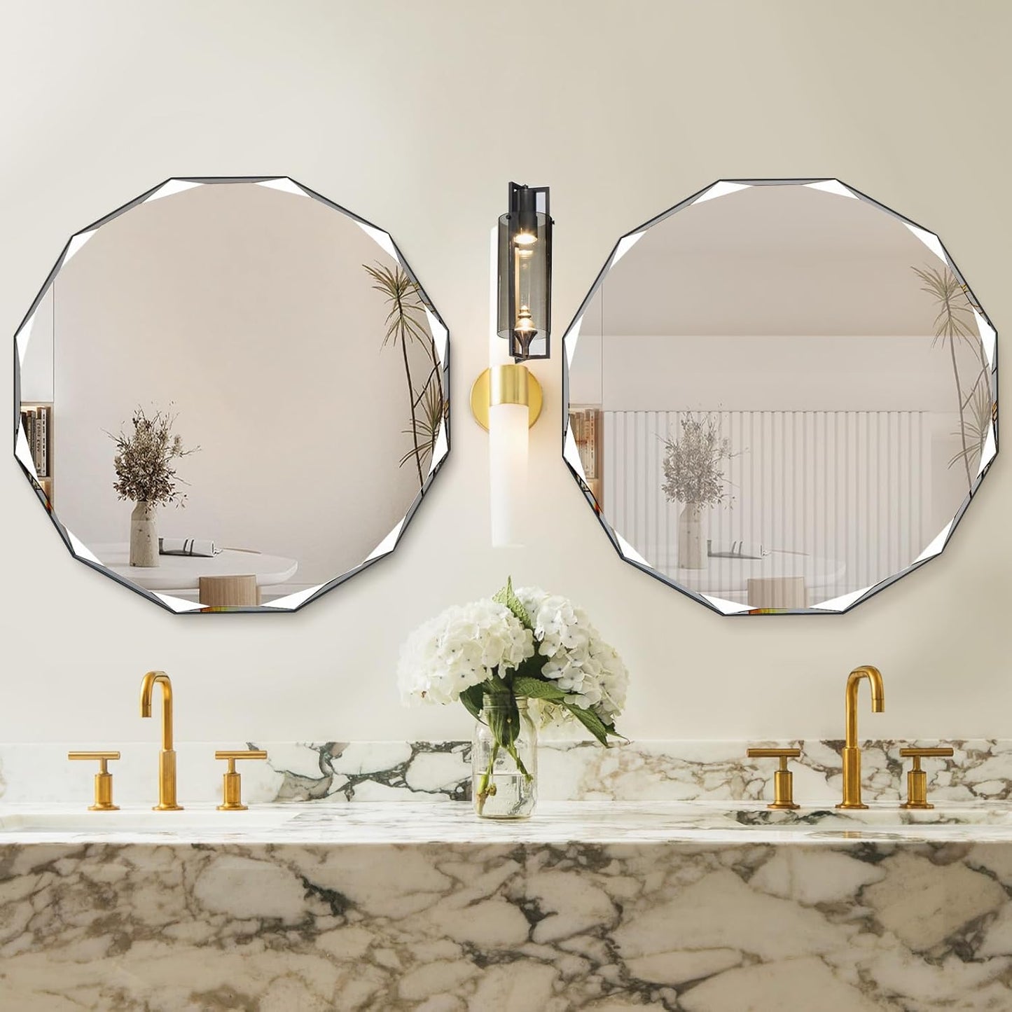 QDSSDECO Round Mirror Sunburst Wall Mirror 24" Beveled Edge Frameless for Living Room Bathroom Bedroom Entryway Decor