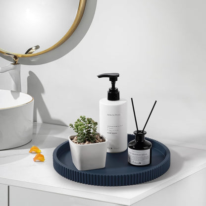 Silicone Bathroom Tray Round Kitchen Counter Organizer Decorative Vanity Accessories Coffee Table Decor for Perfume, Candle, Soap Dish, 9 Inch, Black
